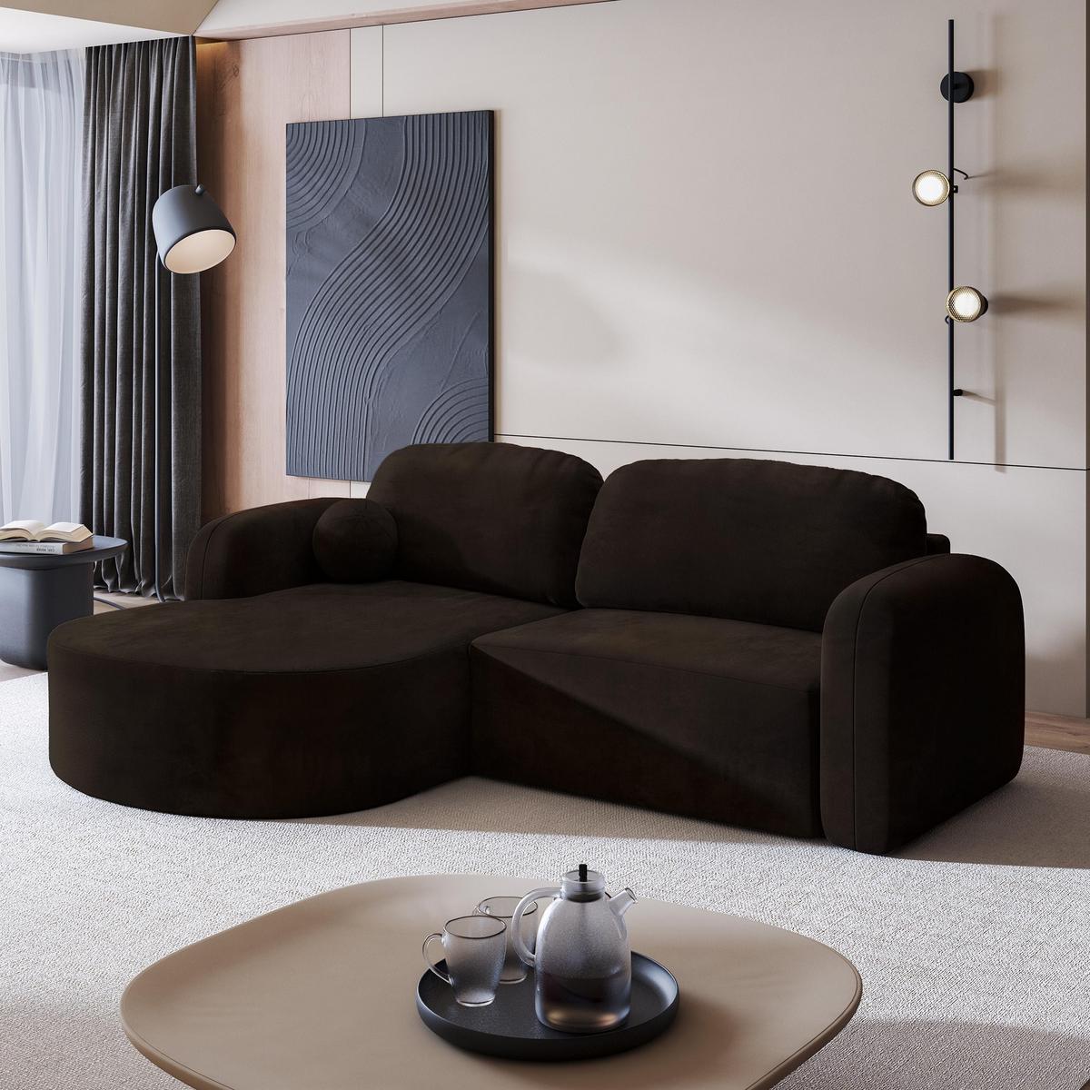 ECKSOFA AMILIA M L-S Braun Velours-Stoff mit Schlaffunktion - Braun, Holz (263/174cm) - MASSENO