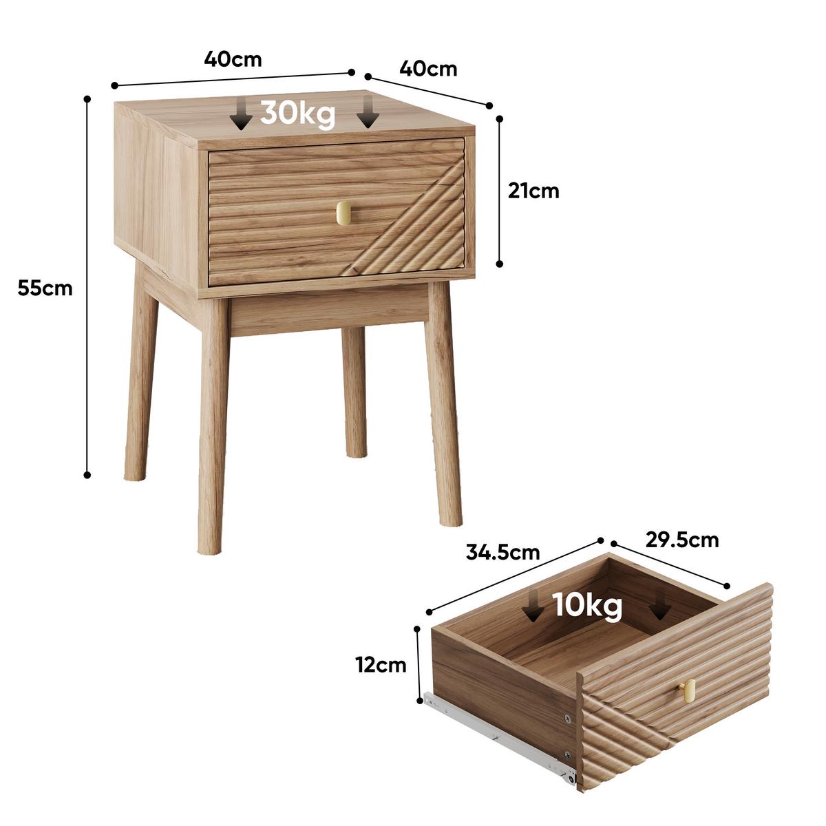 NACHTTISCH Set 2er Eiche 40 cm – Mid Century Nachtkonsole mit Strukturfront & Metallgriff - Eichefarben, Holzwerkstoff (40/55/40cm) - Urban Meuble