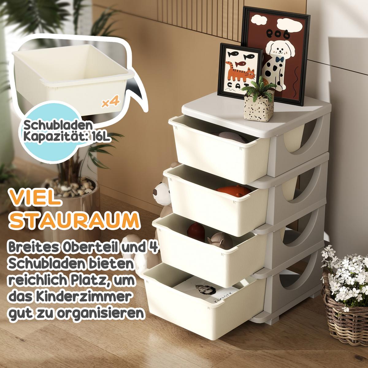 AUFBEWAHRUNGSBOXEN für Kinder, 4 große Schubladen, Kunststoff - Creme, Kunststoff (37/76/37cm) - HOMCOM