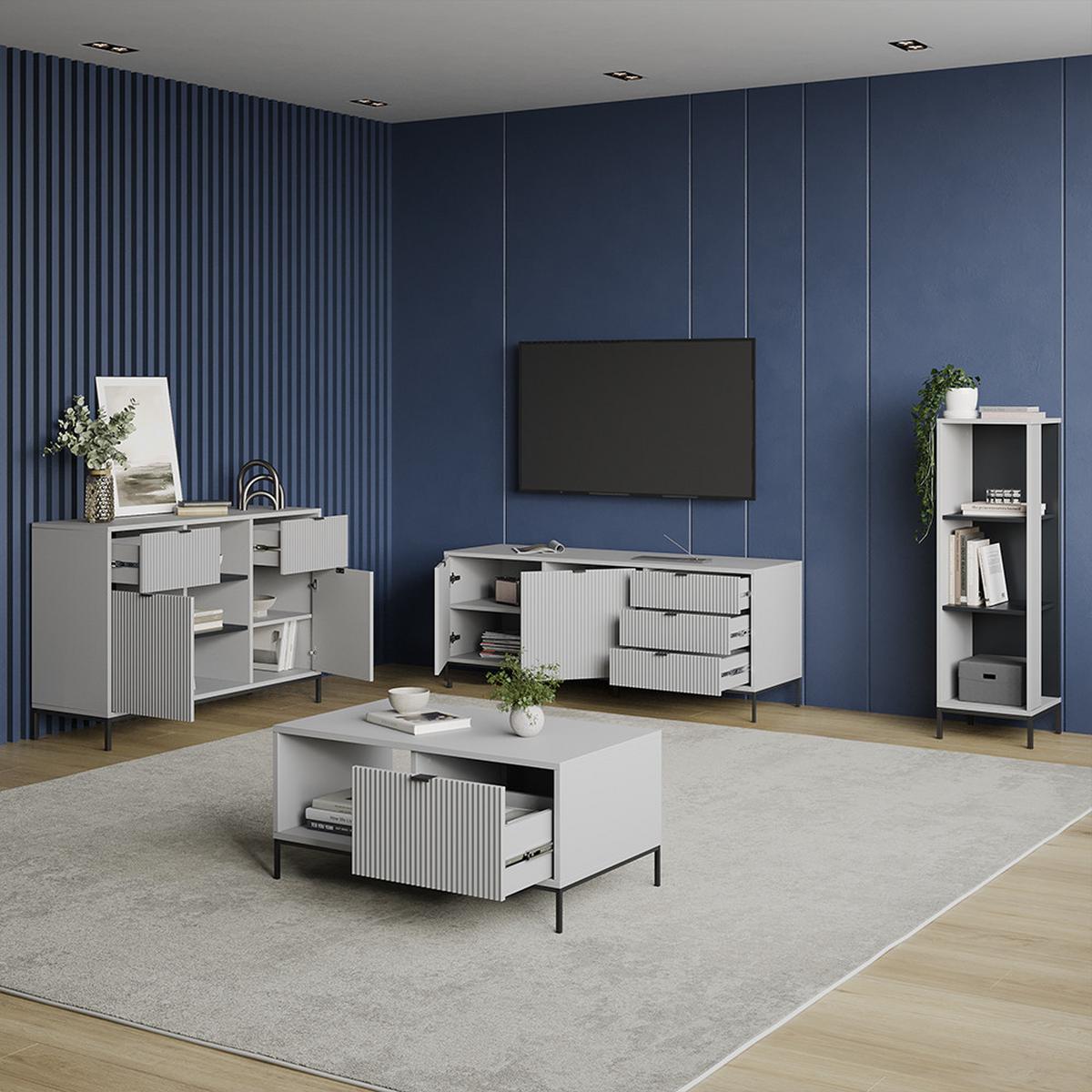 LOWBOARD Aterno Grau 150 x 60 cm mit 3 Schubladen, 2 Türen - Grau, Holzwerkstoff (150/60/42cm) - Livinity®