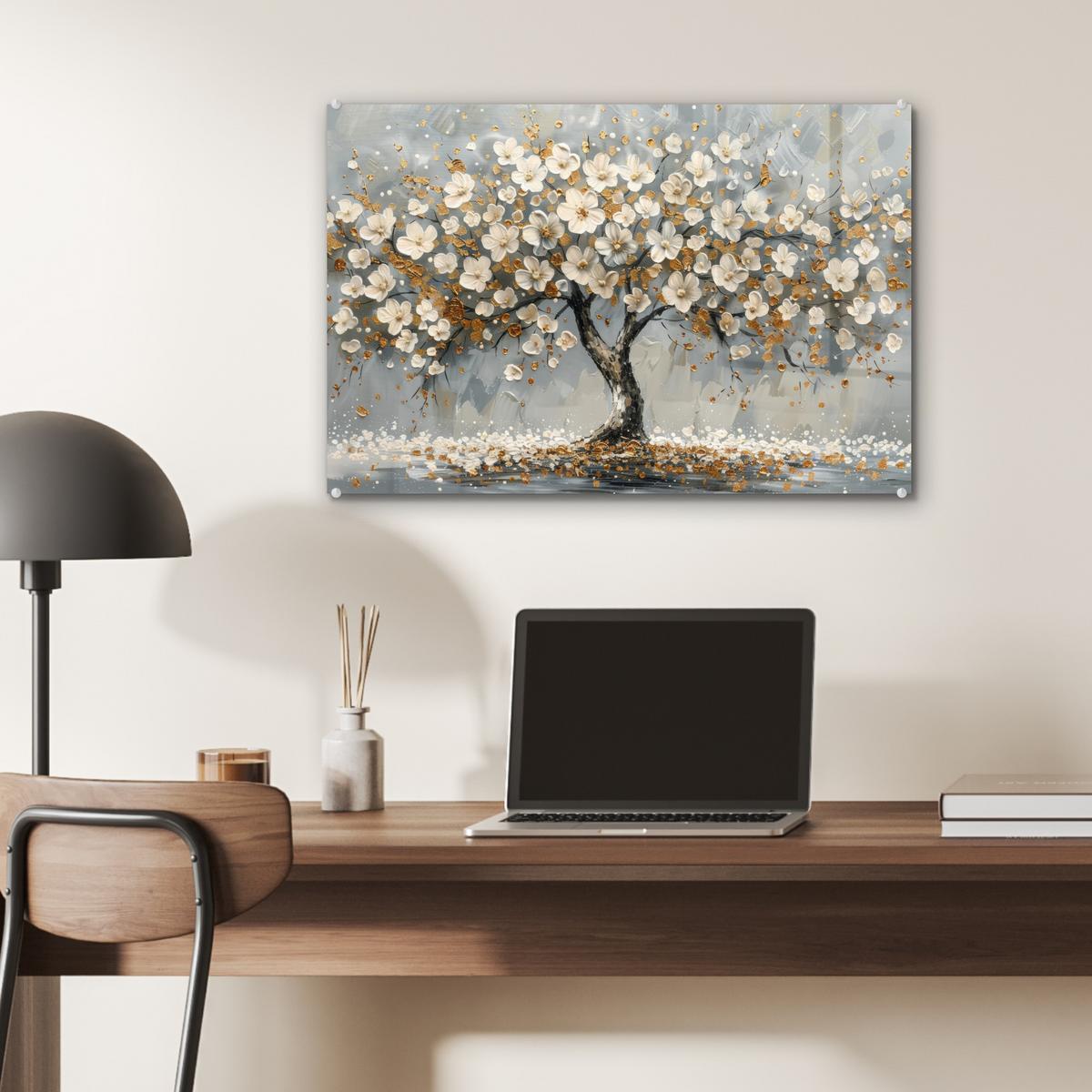 ACRYLGLASBILD Baum - Blumen - Weiß - Natur - Kunst Wanddeko 60x40 cm - Weiß, Glas (60/40cm) - MuchoWow