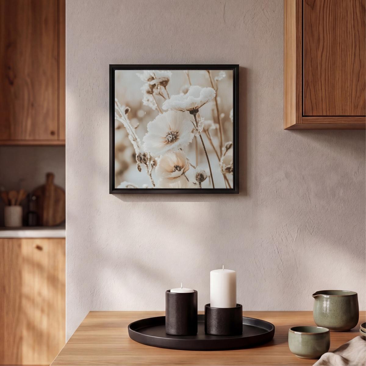 LEINWAND Bilder mit Rahmen - Blumen - Winter - Weiß - Schnee - Beige - 20x20 - Creme, Textil (20/20cm) - MuchoWow