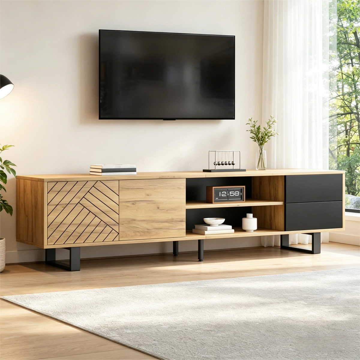 TV-LOWBOARD 180cm Holzoptik & Schwarz für 75-Zoll TV mit 2 Schubladen & Metallbeinen - Naturfarben, Holzwerkstoff (180/50/40cm) - Urban Meuble