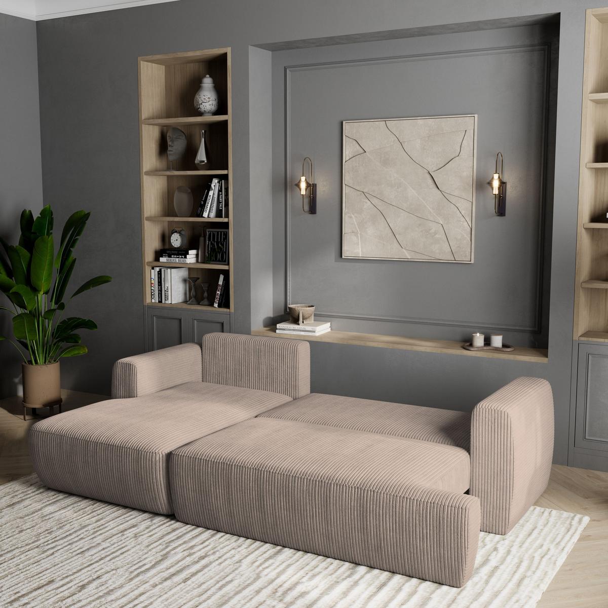 ECKSOFA SENTI P L-S Beige Kordstoff mit Schlaffunktion - Beige/Schwarz, Holz/Kunststoff (246/148cm) - MASSENO