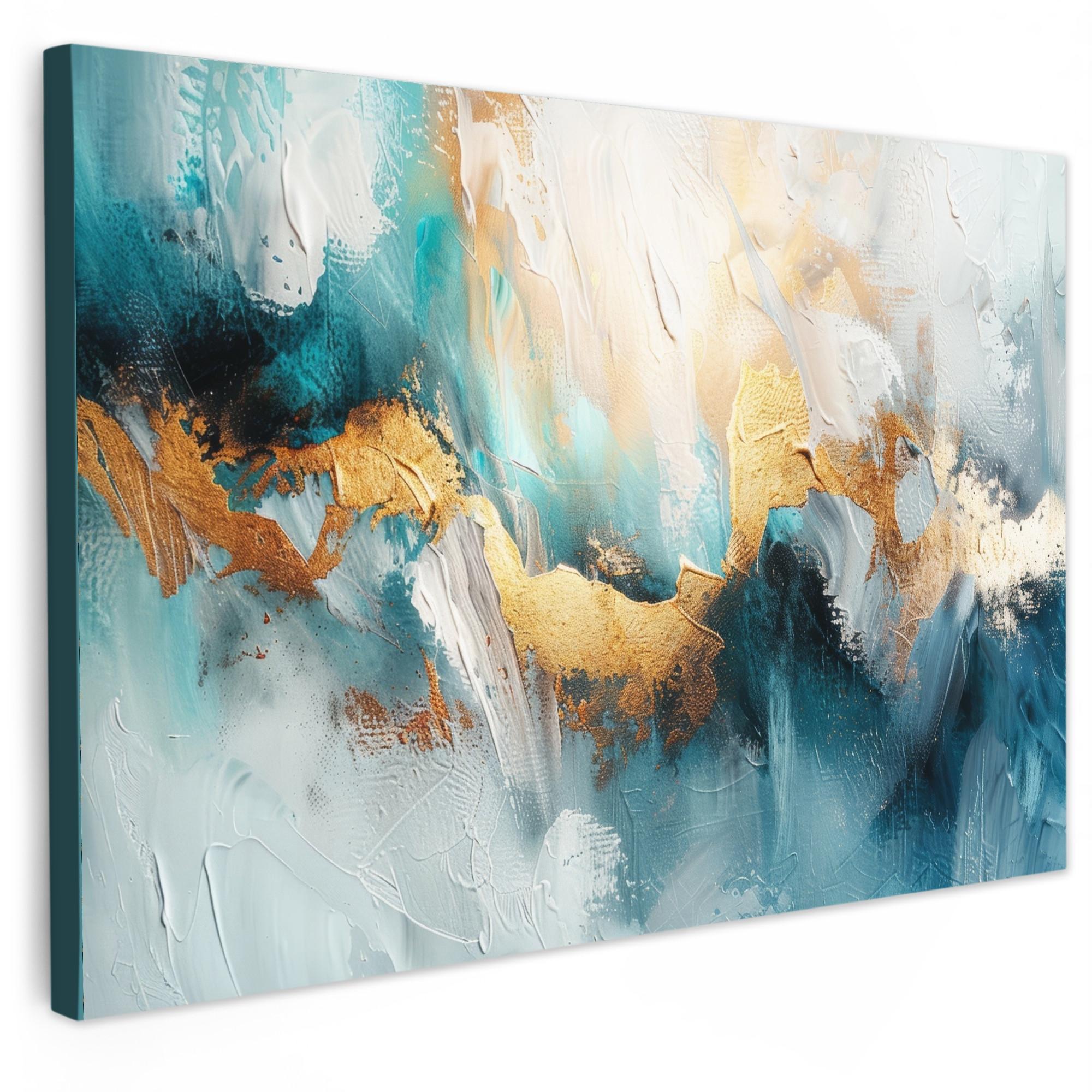 LEINWANDBILD Abstrakt - Kunst - Gold - Blau XXL 150x100 cm - Petrol, Textil (150/100cm) - MuchoWow