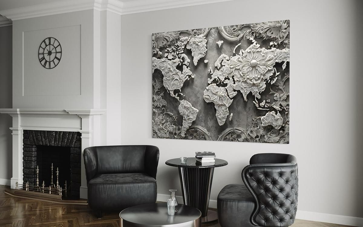 WANDBILD graue weltkarte 3d - Grau, Textil (60/40cm) - Feeby