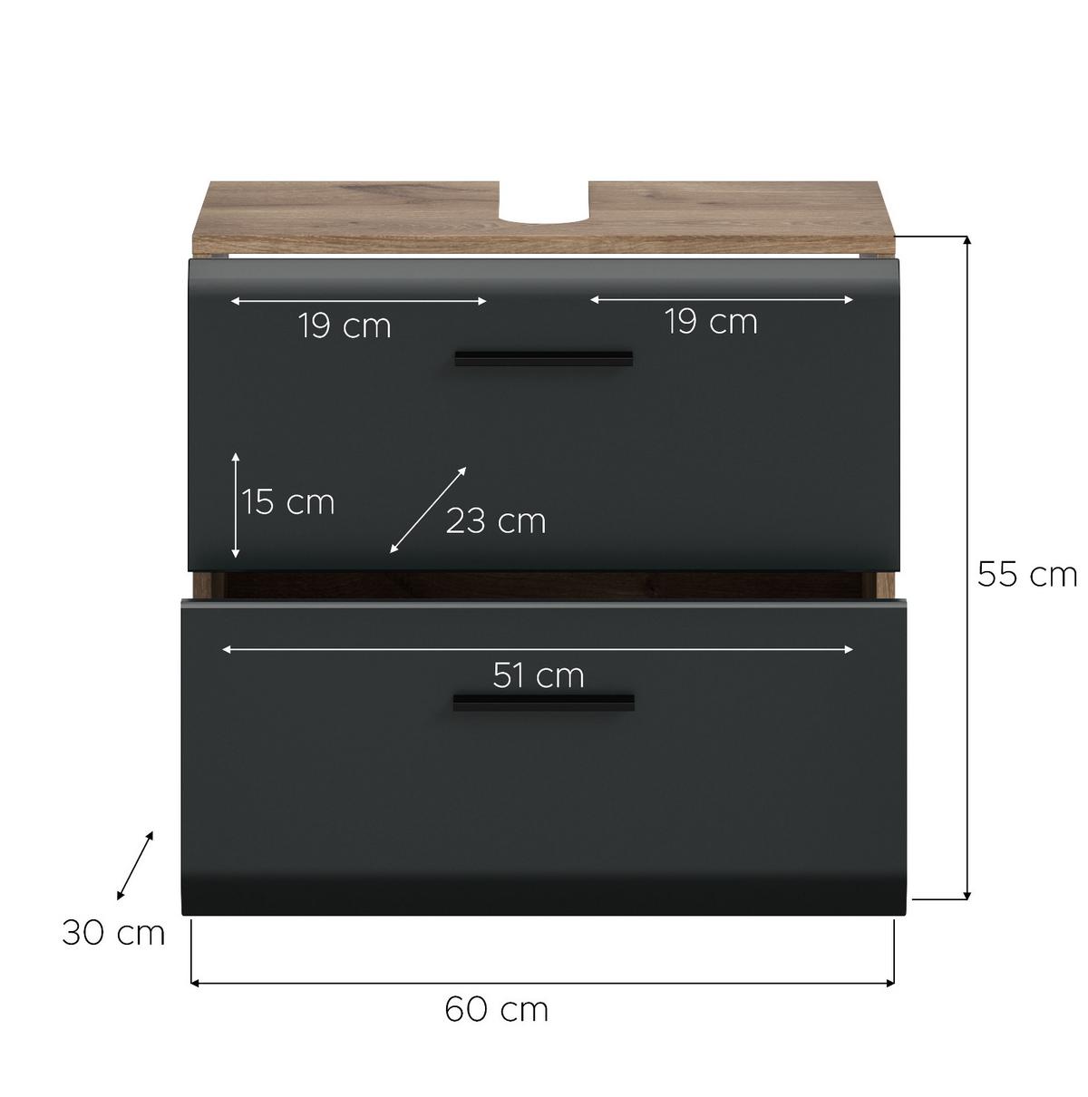 WASCHBECKENUNTERSCHRANK Schwarz matt, Eiche 60 cm, Unterschrank mit Schubladen - Eichefarben/Schwarz, Holzwerkstoff/Kunststoff (60/54/30cm) - Inn.Furn