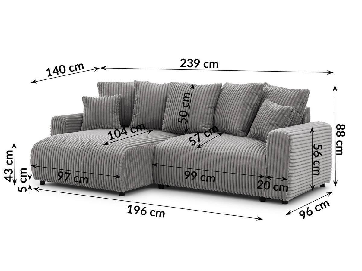 ECKSOFA Calma mit Schlaffunktion und Bettkasten im Bumpy-Design aus weichem Grau Plüschcord - Ottomane links - Schwarz/Grau, Holz/Kunststoff (239/140cm) - S-Style