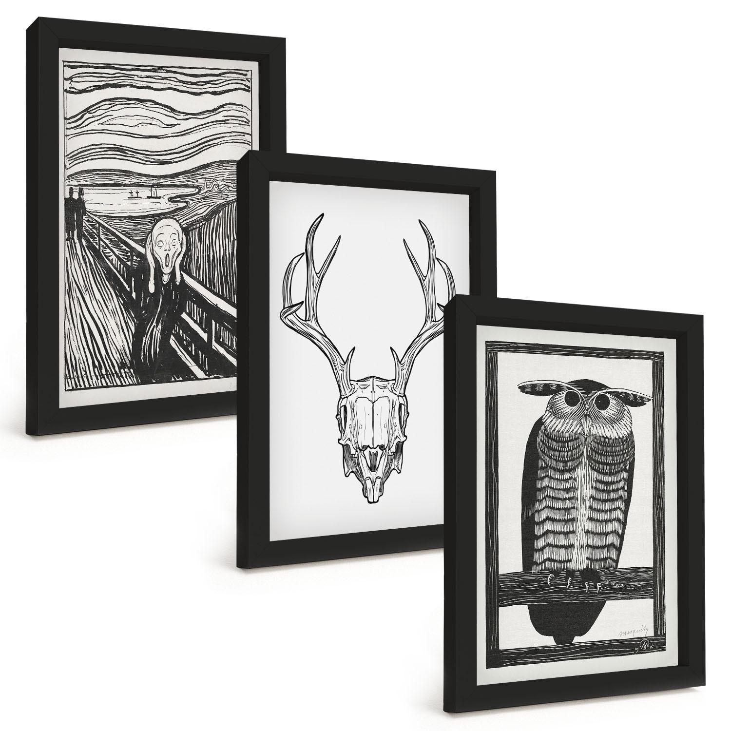 BILDER SET 3er Set - 20x30 cm Schwarzer Rahmen - Grafiken mit schreiendem Totenkopf-Eulen - Schwarz, Kunststoff (20/30cm) - TULUP