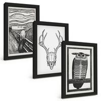 BILDER SET 3er Set - 20x30 cm Schwarzer Rahmen - Grafiken mit schreiendem Totenkopf-Eulen - Schwarz, Kunststoff (20/30cm) - TULUP