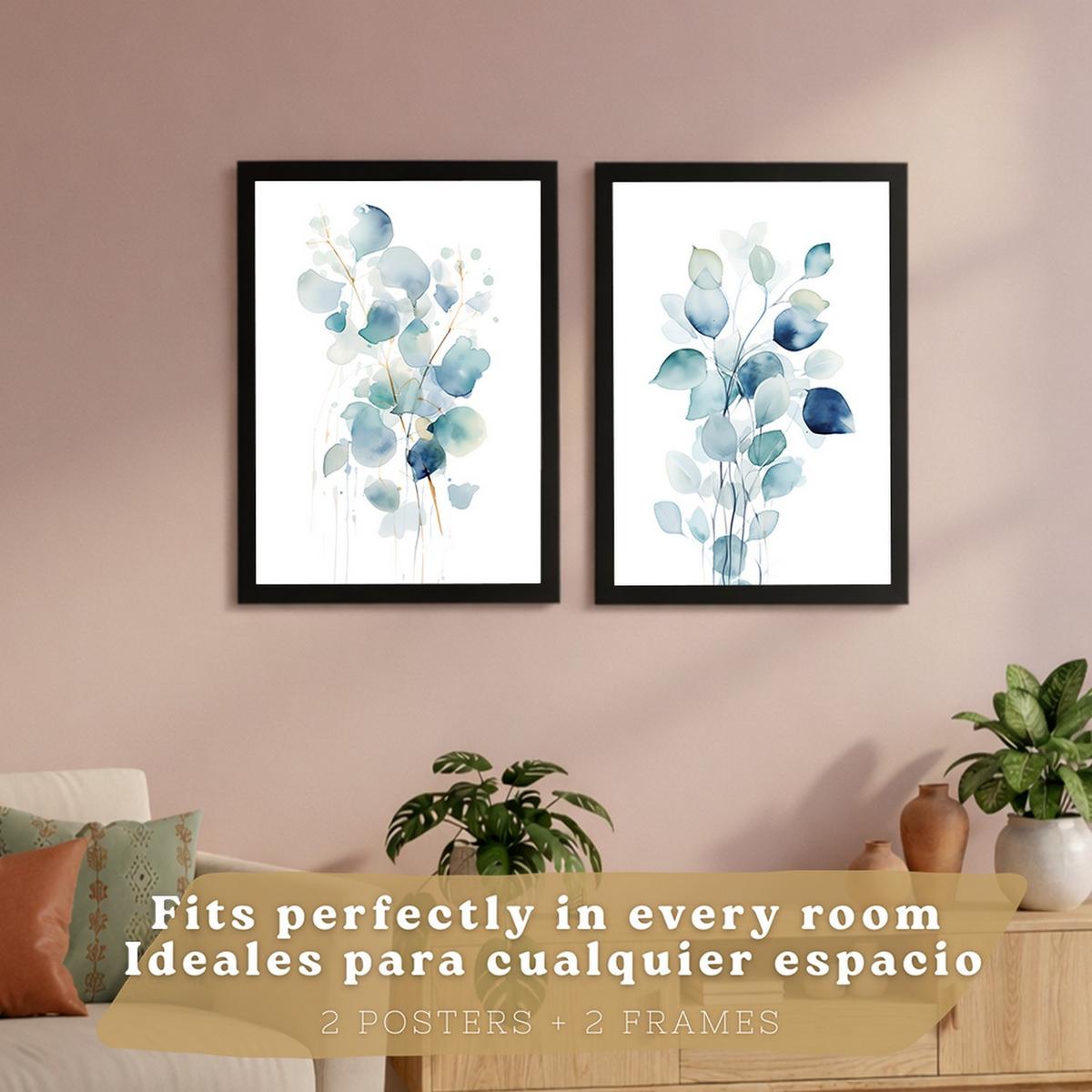 POSTER 2er-Set Wandbilder Blumen Aquarell modern Wohnzimmer Deko, Schlafzimmer, Küche, Badezimmer Schwarzer Rahmen A4 - Schwarz, Papier (29.7/1/21cm) - Nacnic