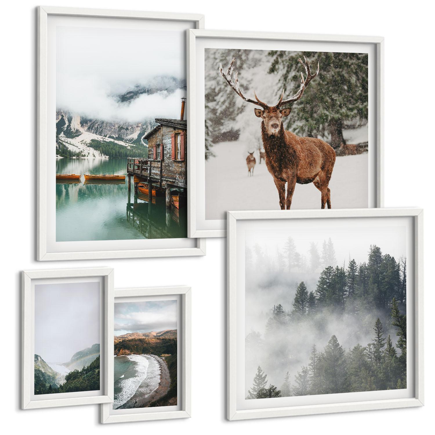 BILDER SET 5er Set - 50x50 cm & 20x30 cm & 40x60 cm Weißer Rahmen - Bergstrände Wolken Wasser - Weiß, Kunststoff (40/60cm) - TULUP