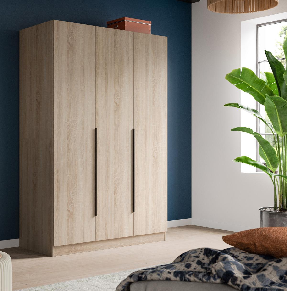 KLEIDERSCHRANK Eiche Sonoma 3-türig 120 x 181 cm, Drehtürenschrank mit Kleiderstange - Eichefarben/Schwarz, Holzwerkstoff/Kunststoff (120/181/52cm) - Inn.Furn