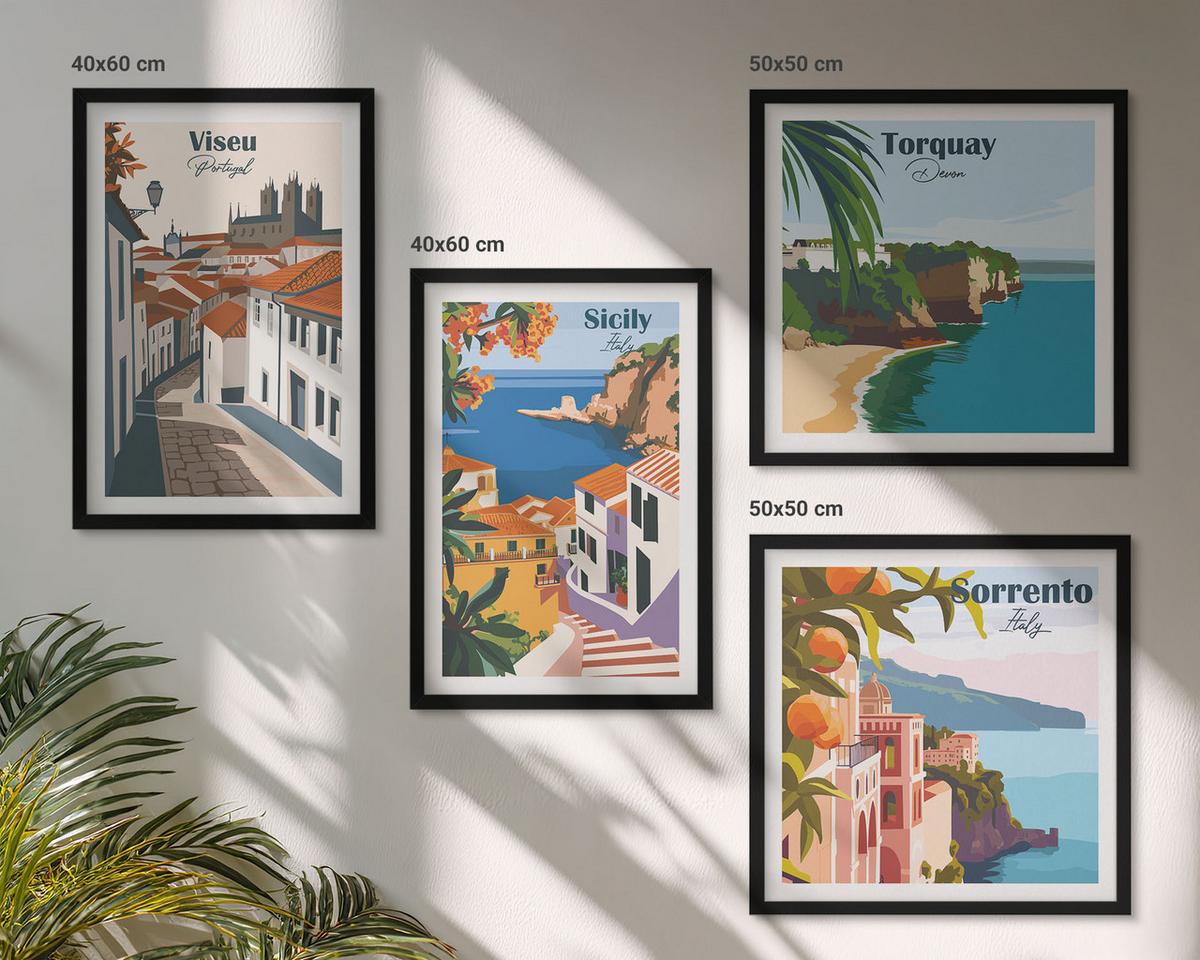 BILDER SET 4er Set - 50x50 cm & 40x60 cm Schwarzer Rahmen - Retro-Illustrationen von Weltstädten - Schwarz, Kunststoff (50/50cm) - TULUP
