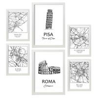 POSTER Set Mit 6 Drucke Von Italien Von Karten In Schwarz Weiß A3 & A4 Weißer Rahmen - Weiß, Papier (29/3cm) - Nacnic
