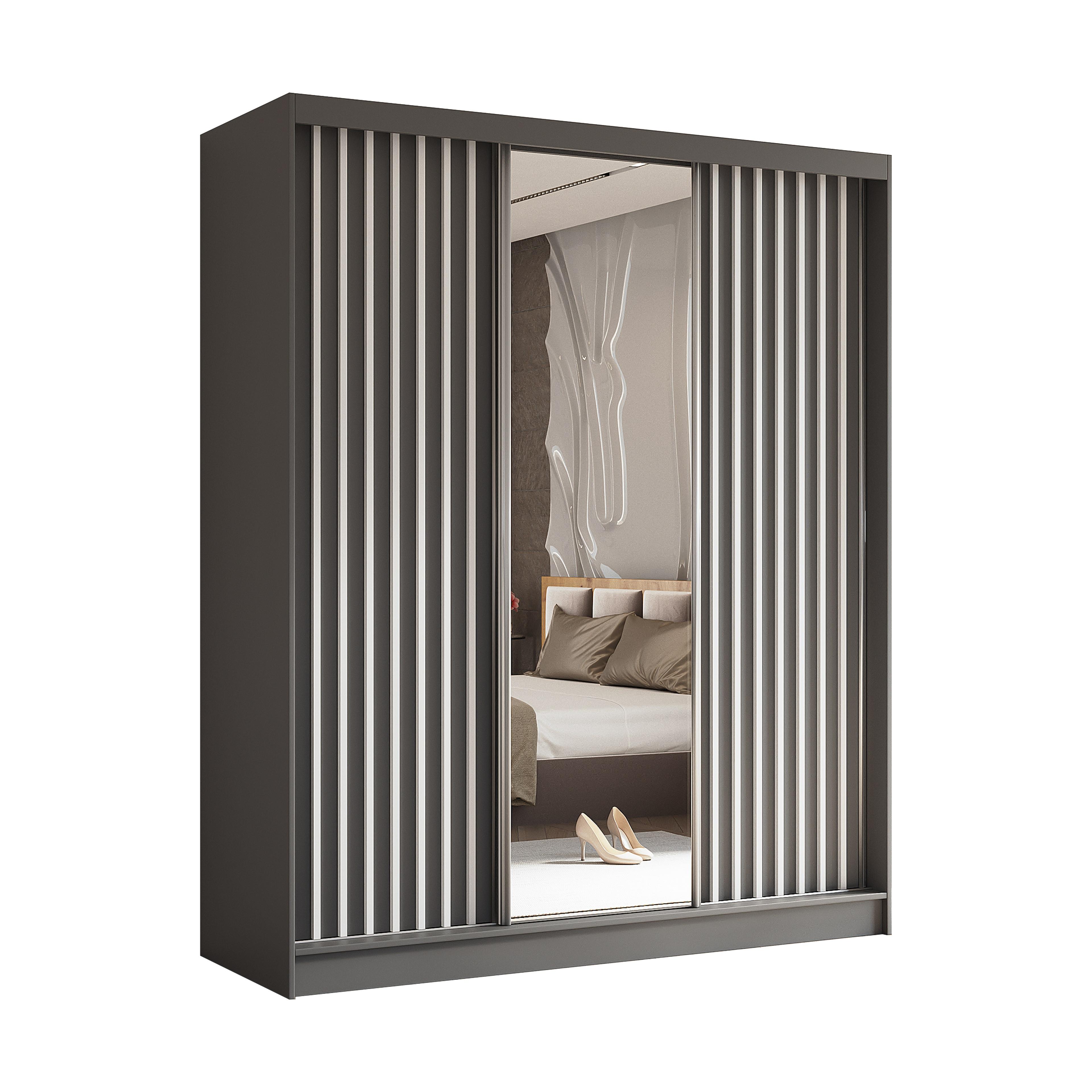 SCHWEBETÜRENSCHRANK LAMELLO 180/216/61 cm 3-türig mit Spiegel Grau - Grau, Holzwerkstoff (180/216/61cm) - MASSENO