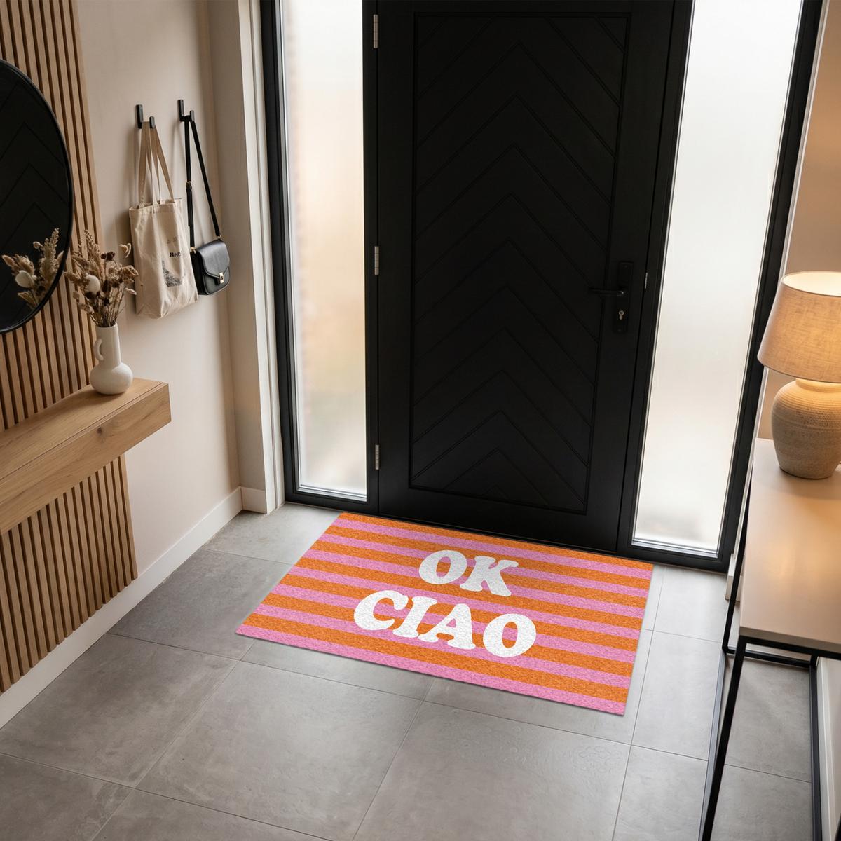 FUSSMATTE Ciao - Zitat - Streifen Sauberlaufmatte 120x80 cm - Orange, Kunststoff (120/0.4cm) - MuchoWow