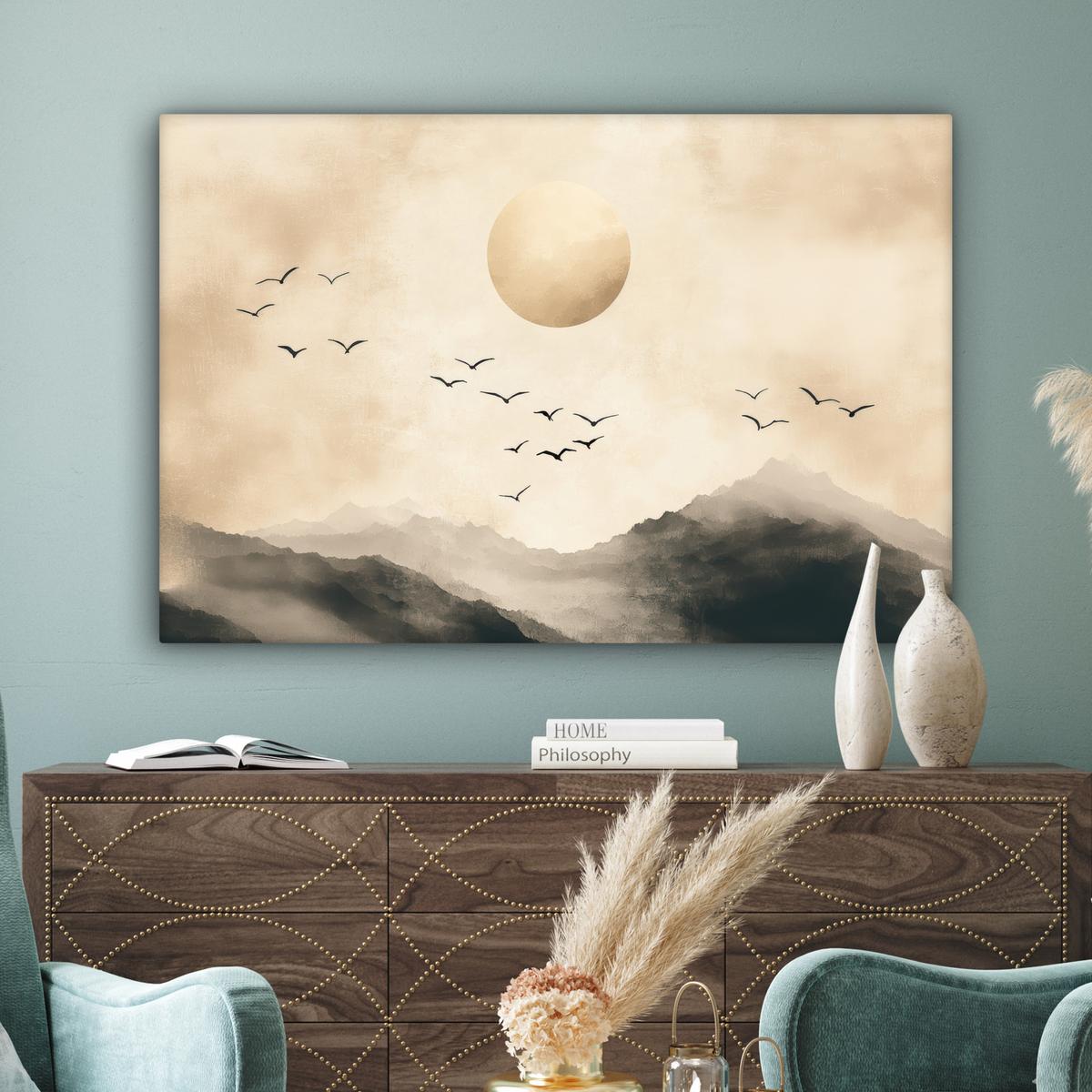 LEINWANDBILD Landschaft - Japandi - Vogel Wohnzimmer Groß 120x80 cm - Beige, Textil (120/80cm) - MuchoWow