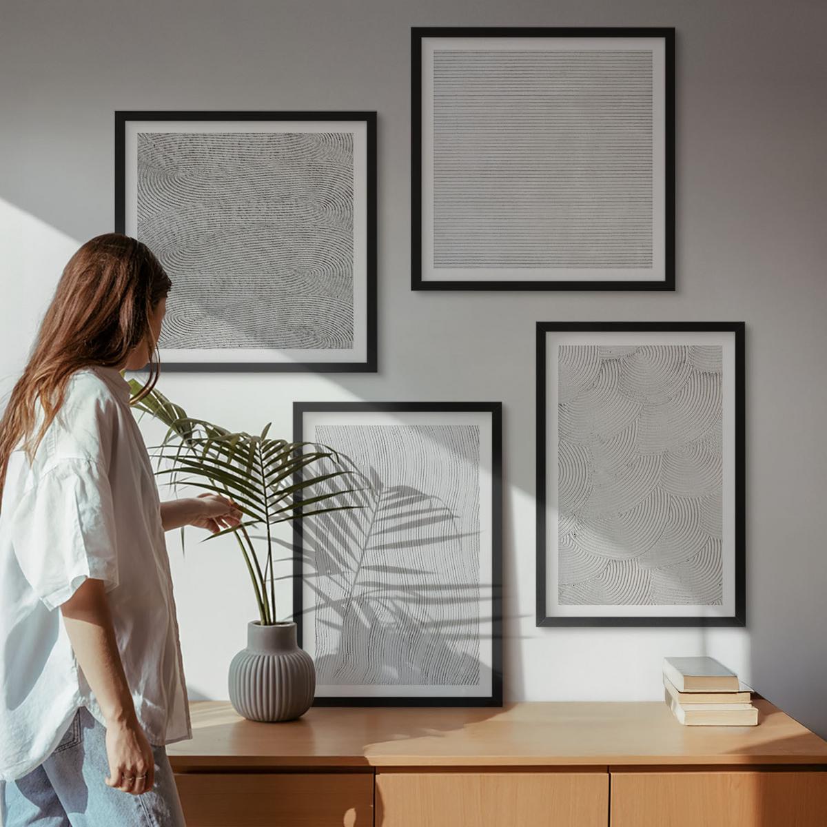 BILDER SET 4er Set - 50x50 cm & 40x60 cm Schwarzer Rahmen - Sandmuster geometrische Strukturen - Schwarz, Kunststoff (50/50cm) - TULUP