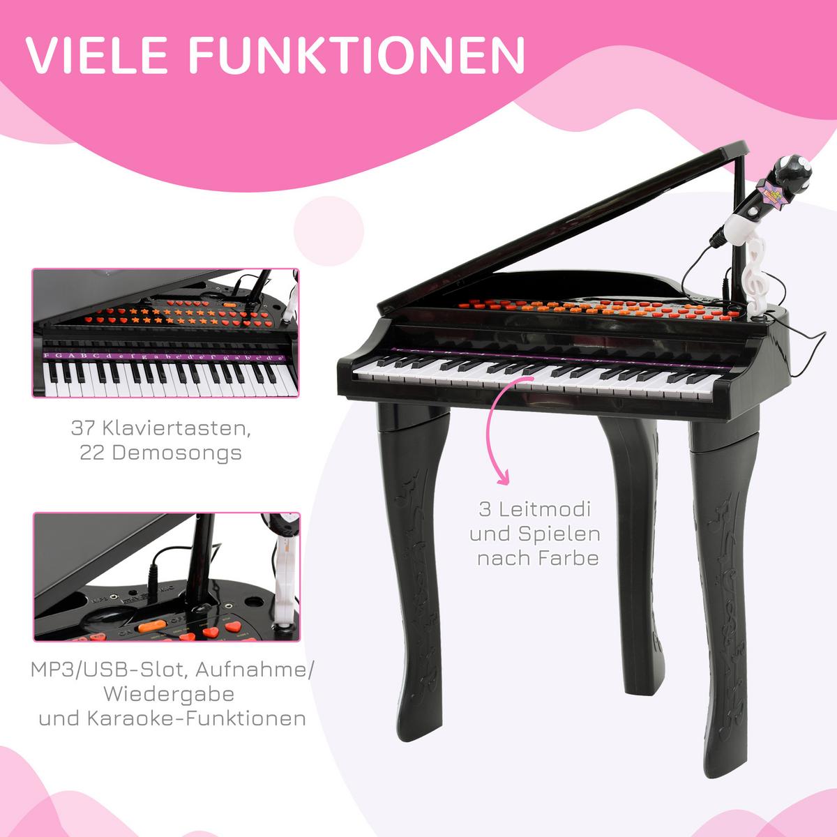 KINDER Klavier Piano Keyboard Musikinstrument MP3 USB 37 Tasten mit Hocker - Schwarz, Kunststoff (39/69/48cm) - HOMCOM