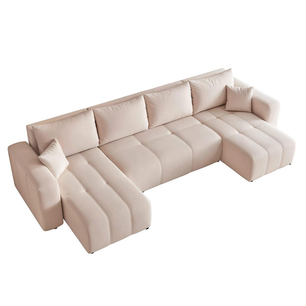 WOHNLANDSCHAFT U-Form Velours mit Bettkasten und Schlaffunktion - Beige, Holzwerkstoff/Textil (318/79/145cm) - Idohome