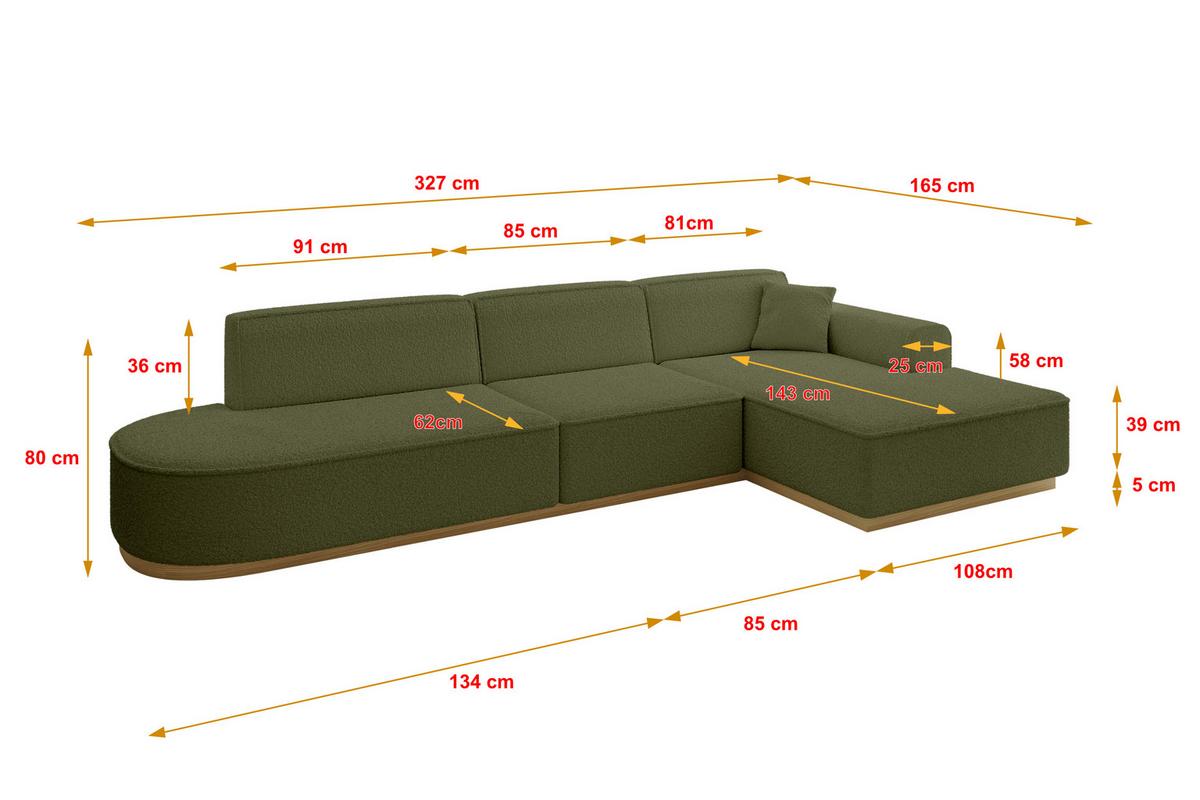 ECKSOFA Ottomane Rechts IREA-L2-v2 - 327x165x80 cm Grün - Platinfarben, Holzwerkstoff/Textil (327/165cm) - ALTDECOR