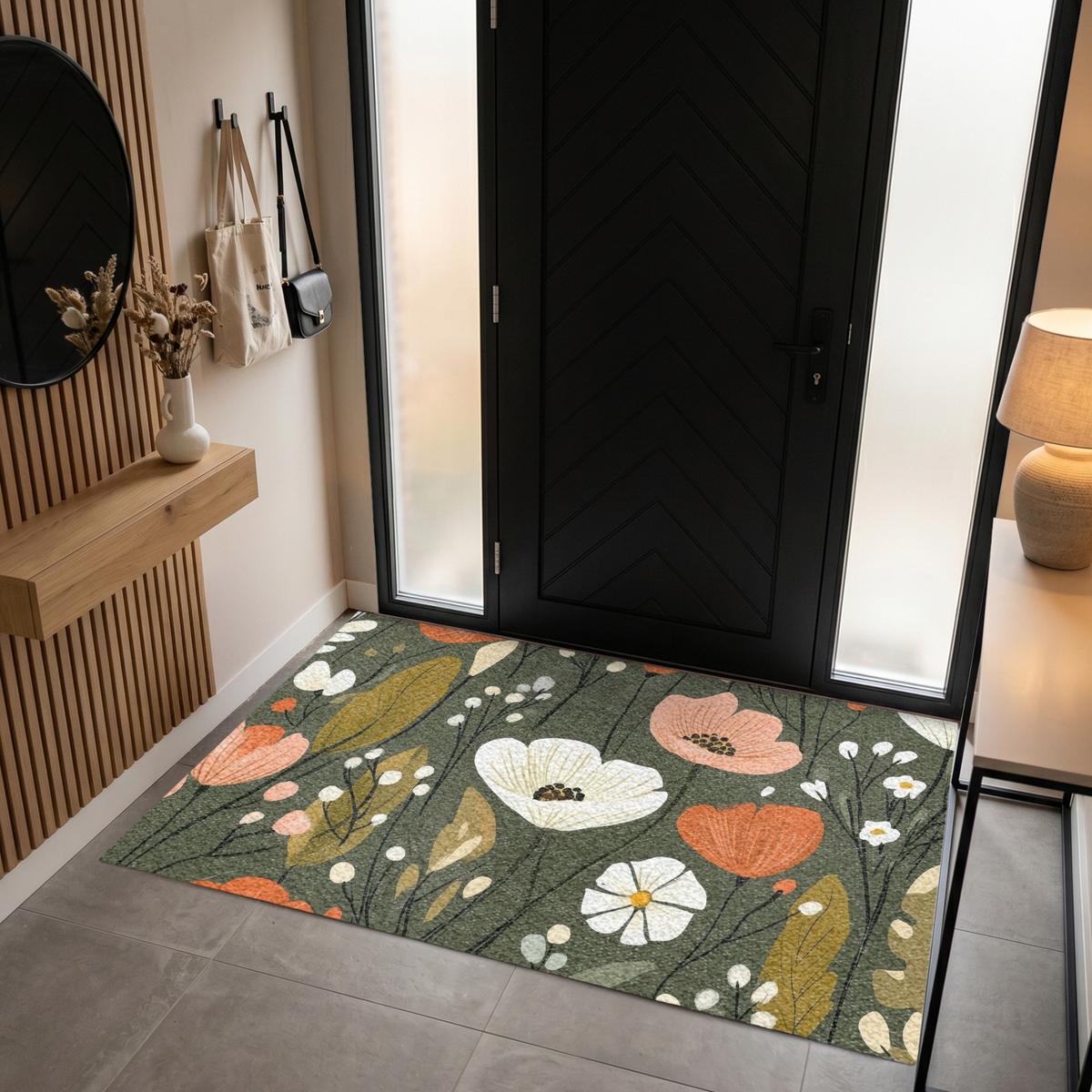 FUSSMATTE Blumen - Illustration - Grün Flurteppich 180x120 cm - Dunkelgrün, Kunststoff (180/0.4cm) - MuchoWow
