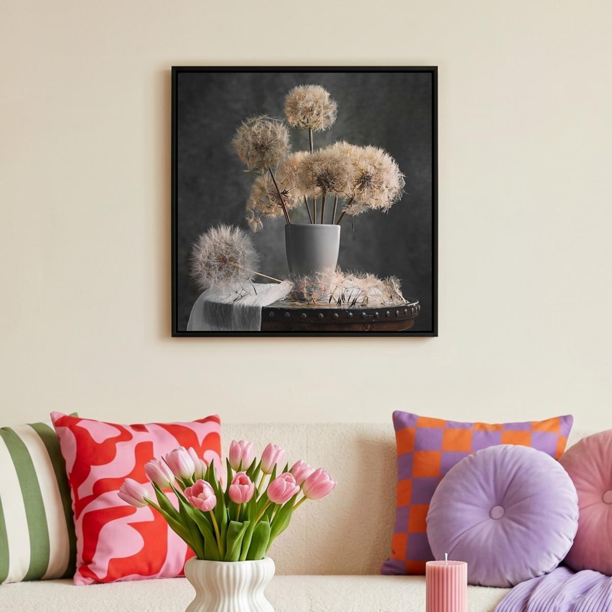 LEINWAND Bilder mit Rahmen - Blumensamen - Löwenzahn - Vase - Stilleben - Blumenstrauß - 50x50 - Dunkelgrau, Textil (50/50cm) - MuchoWow