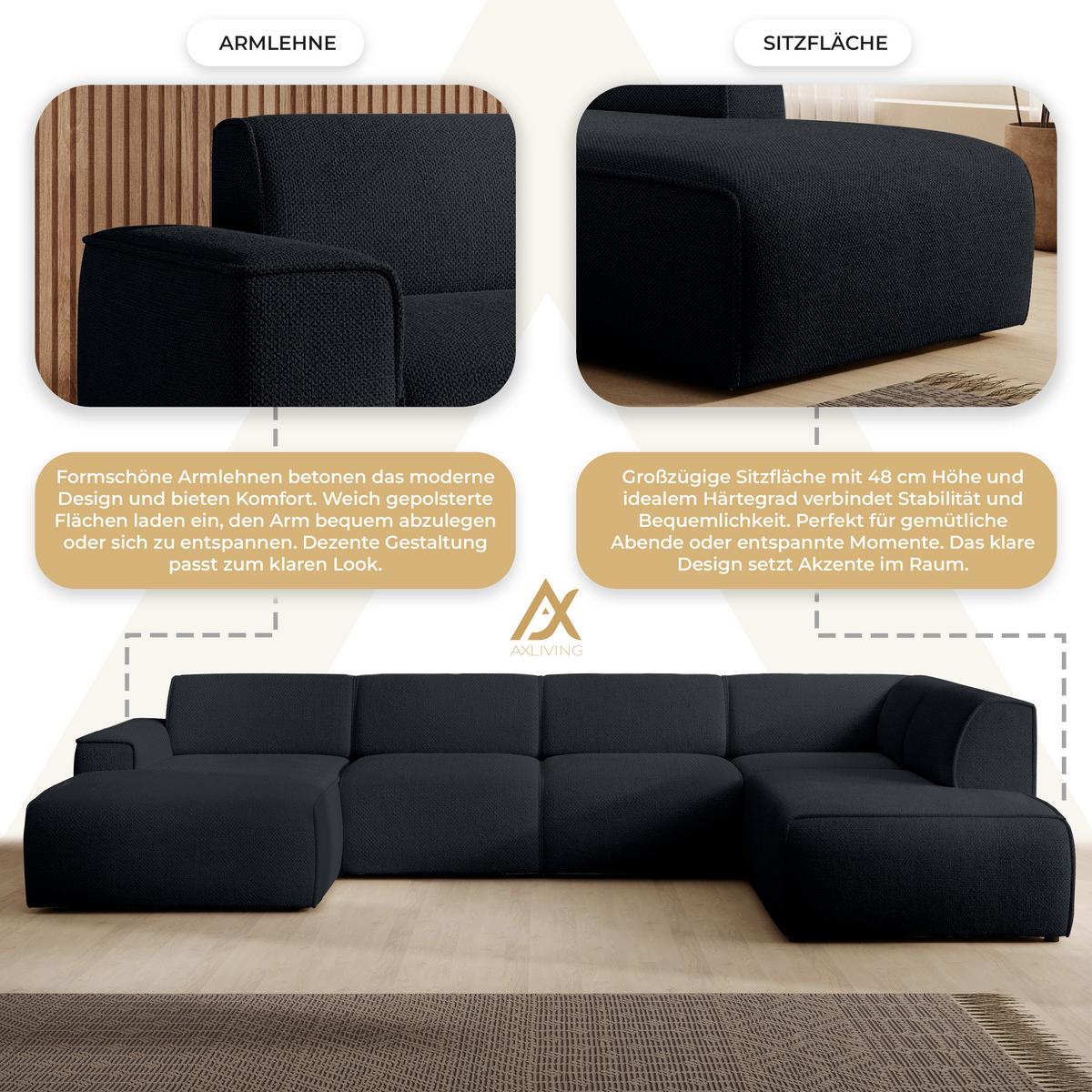 WOHNLANDSCHAFT Didim Dunkelgrau 378/220/78 cm – großes Sofa stilvoll & bequem R - Schwarz, Kunststoff/Textil (378/78/220cm) - AX Living