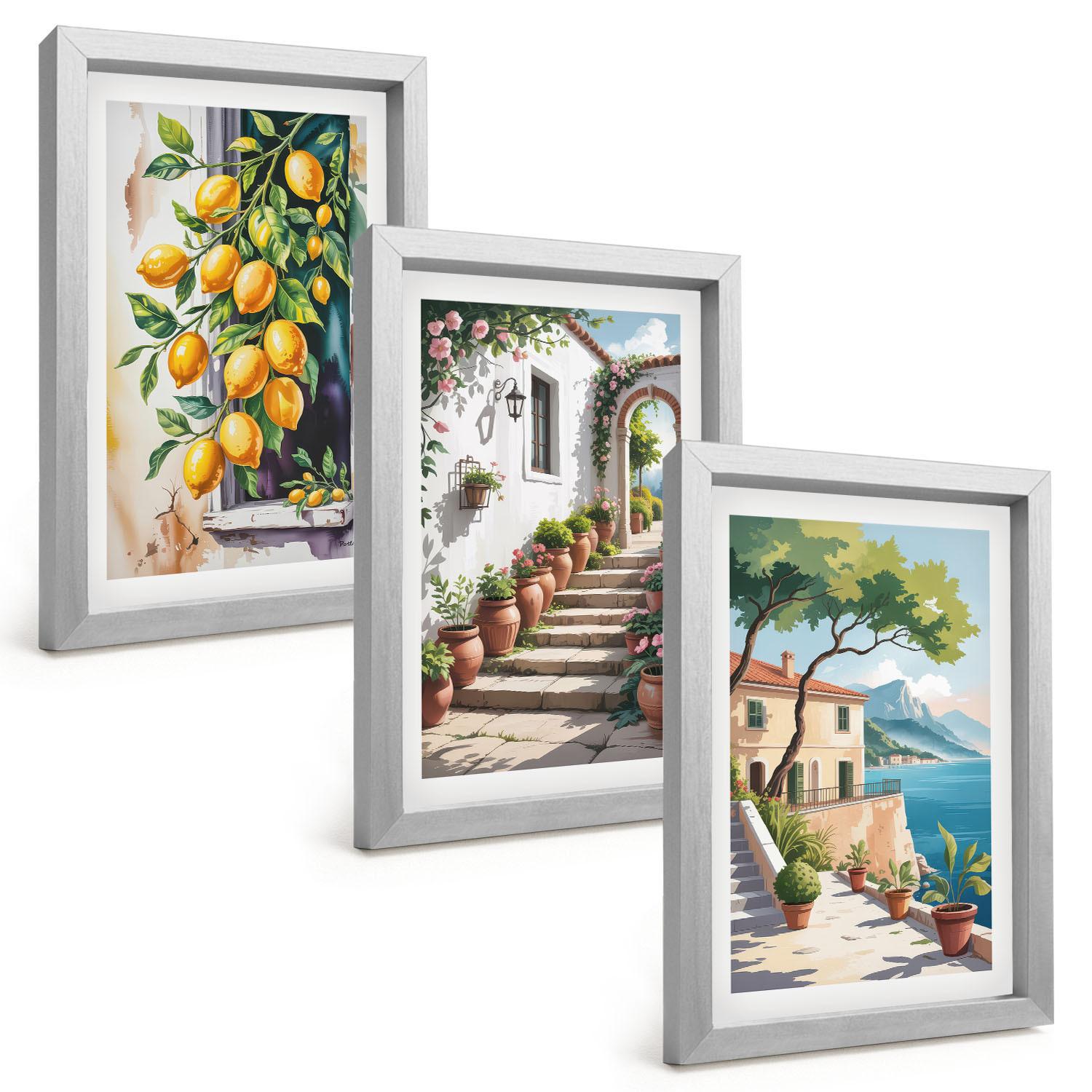 BILDER SET 3er Set - 20x30 cm Silberner Rahmen - Zitronen, Blumen, Meerblick - Silberfarben, Kunststoff (20/30cm) - TULUP
