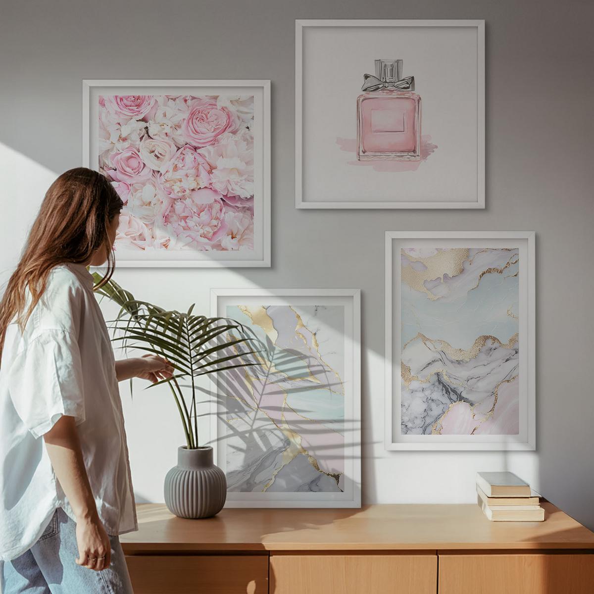 BILDER SET 4er Set - 50x50 cm & 40x60 cm Weißer Rahmen - Rosa Blumen Marmor Pastell - Weiß, Kunststoff (50/50cm) - TULUP