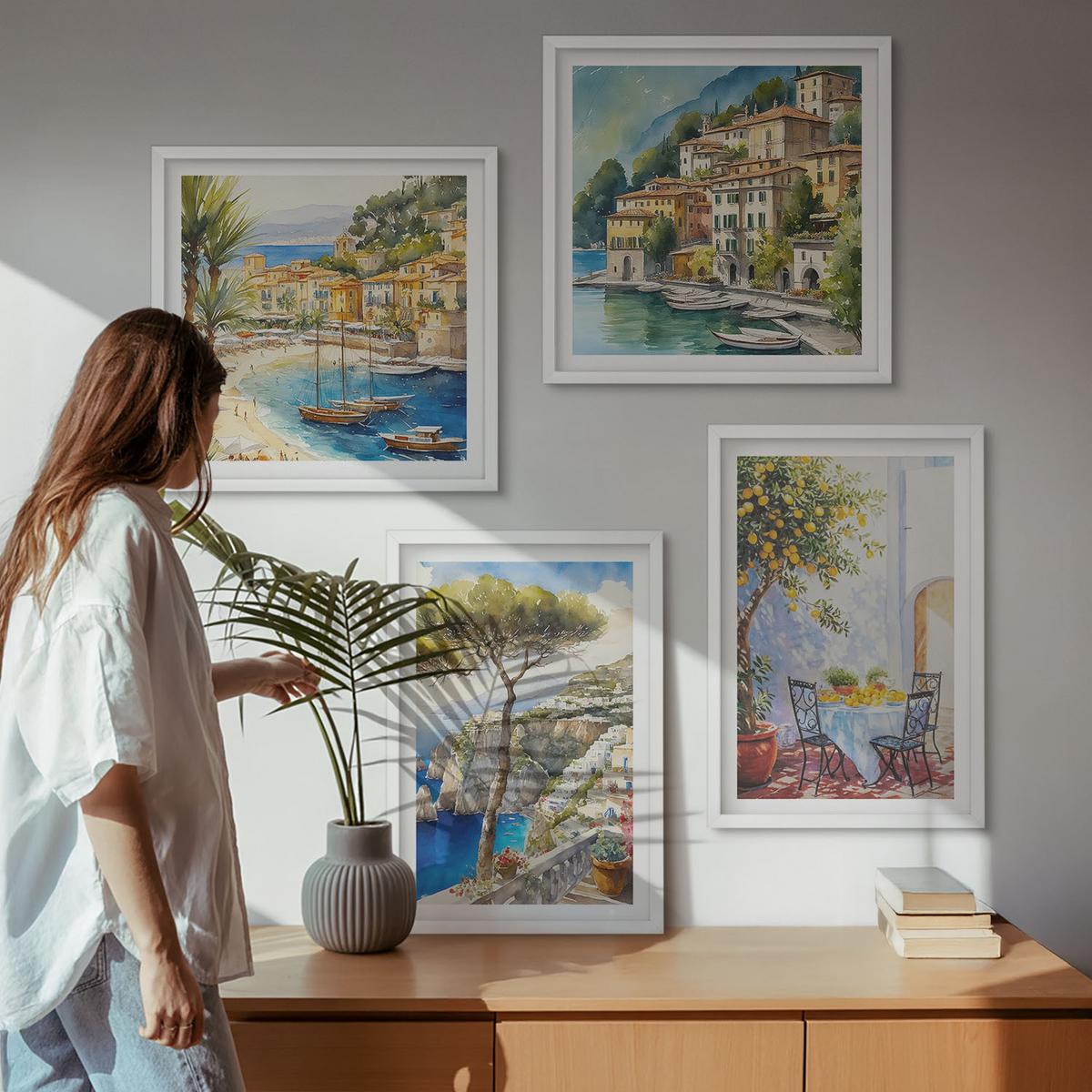 BILDER SET 4er Set - 50x50 cm & 40x60 cm Weißer Rahmen - Italienische Städte (Aquarell) - Weiß, Kunststoff (50/50cm) - TULUP