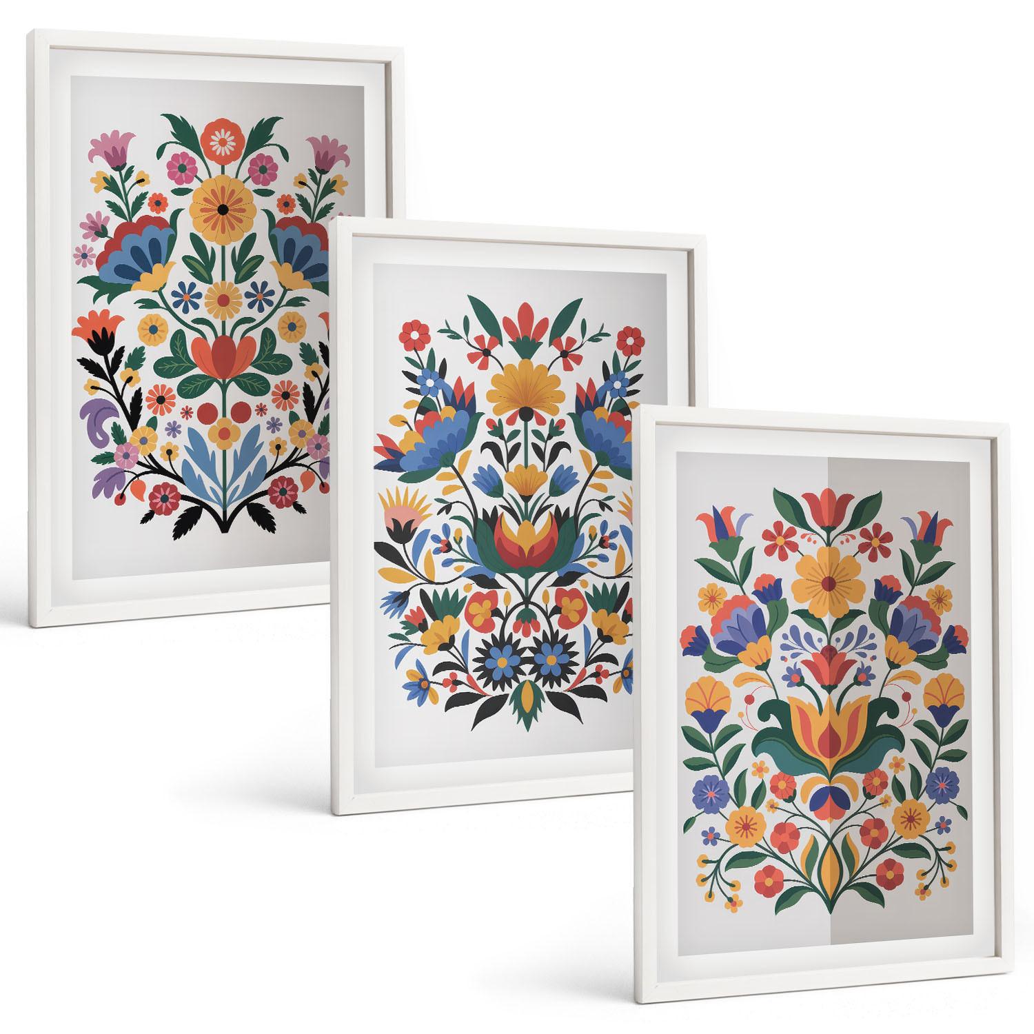 BILDER SET 3er Set - 40x60 cm Weißer Rahmen - Blumenmuster in intensiven Farben - Weiß, Kunststoff (40/60cm) - TULUP