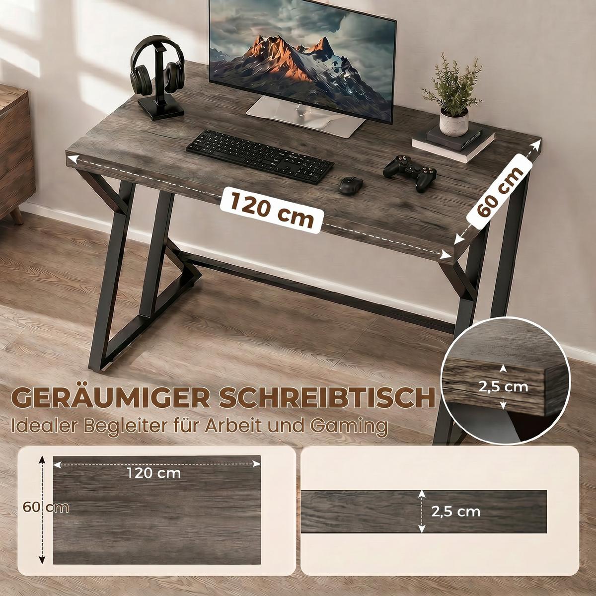 COMPUTERTISCH Spanplatte Metall Grau - Schwarz/Grau, Holzwerkstoff/Metall (120/60/76.5cm) - HOMCOM