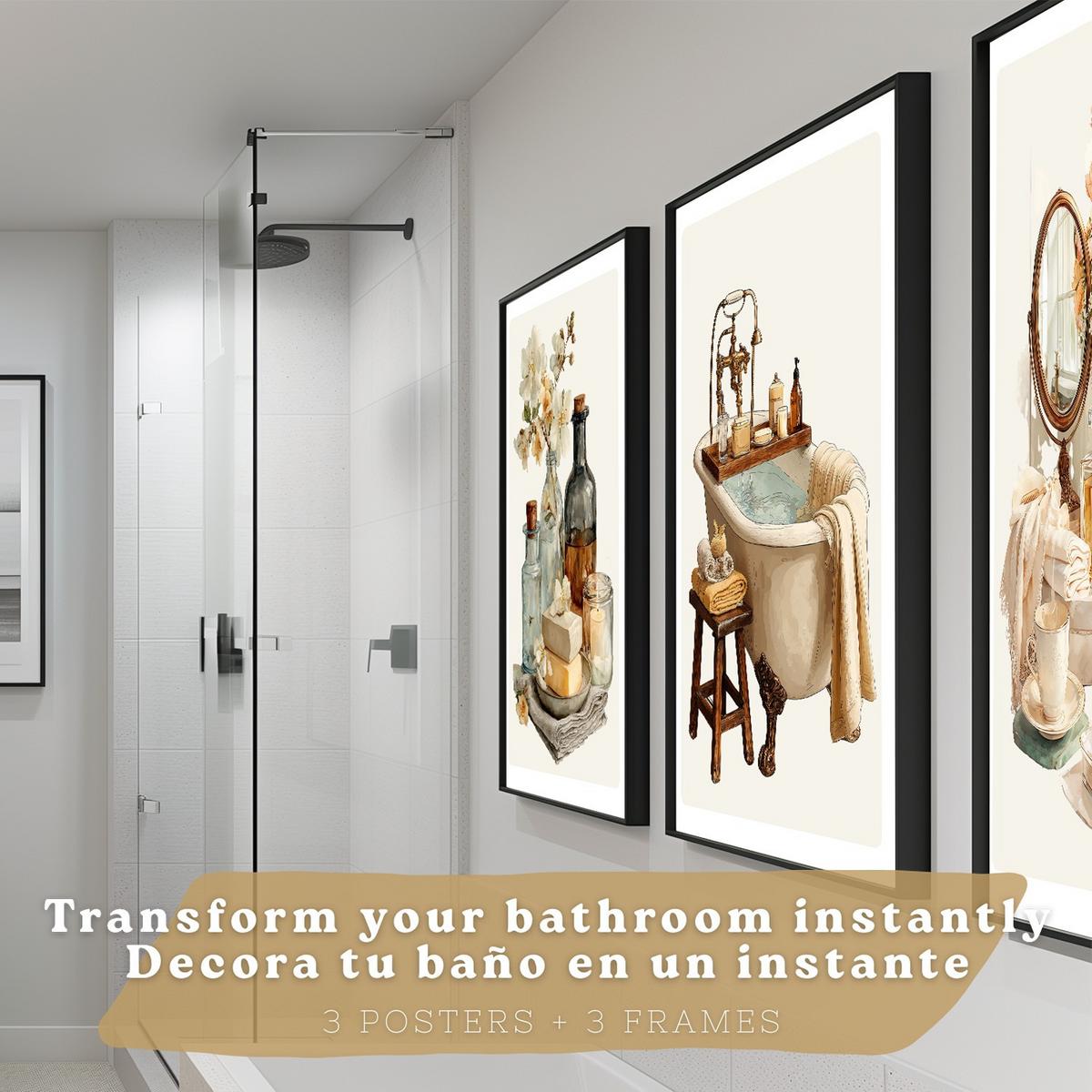 POSTER 3er-Set dekorative Badezimmer-Wandbilder und, Vintage-Stil für Waschbecken, Dusche, WC mit Badewanne, Blumen und Spiegel Schwarzer Rahmen A4 - Schwarz, Papier (29.7/21/3cm) - Nacnic