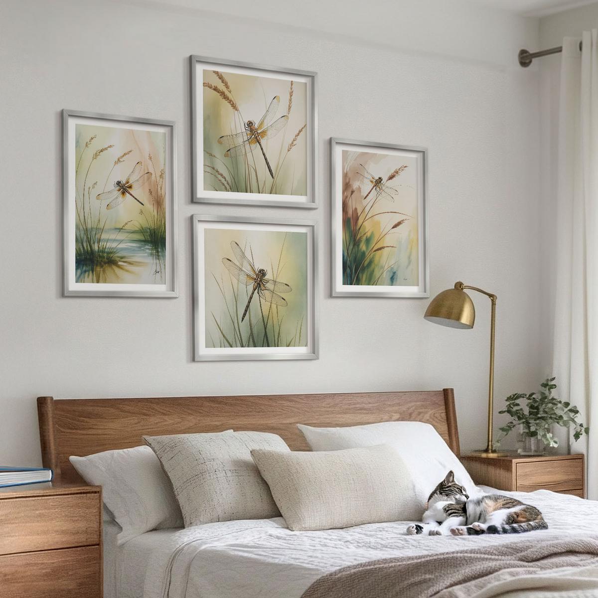 BILDER SET 4er Set - 50x50 cm & 40x60 cm Silberner Rahmen - Libellen im Gras, Wassermalerei - Silberfarben, Kunststoff (50/50cm) - TULUP