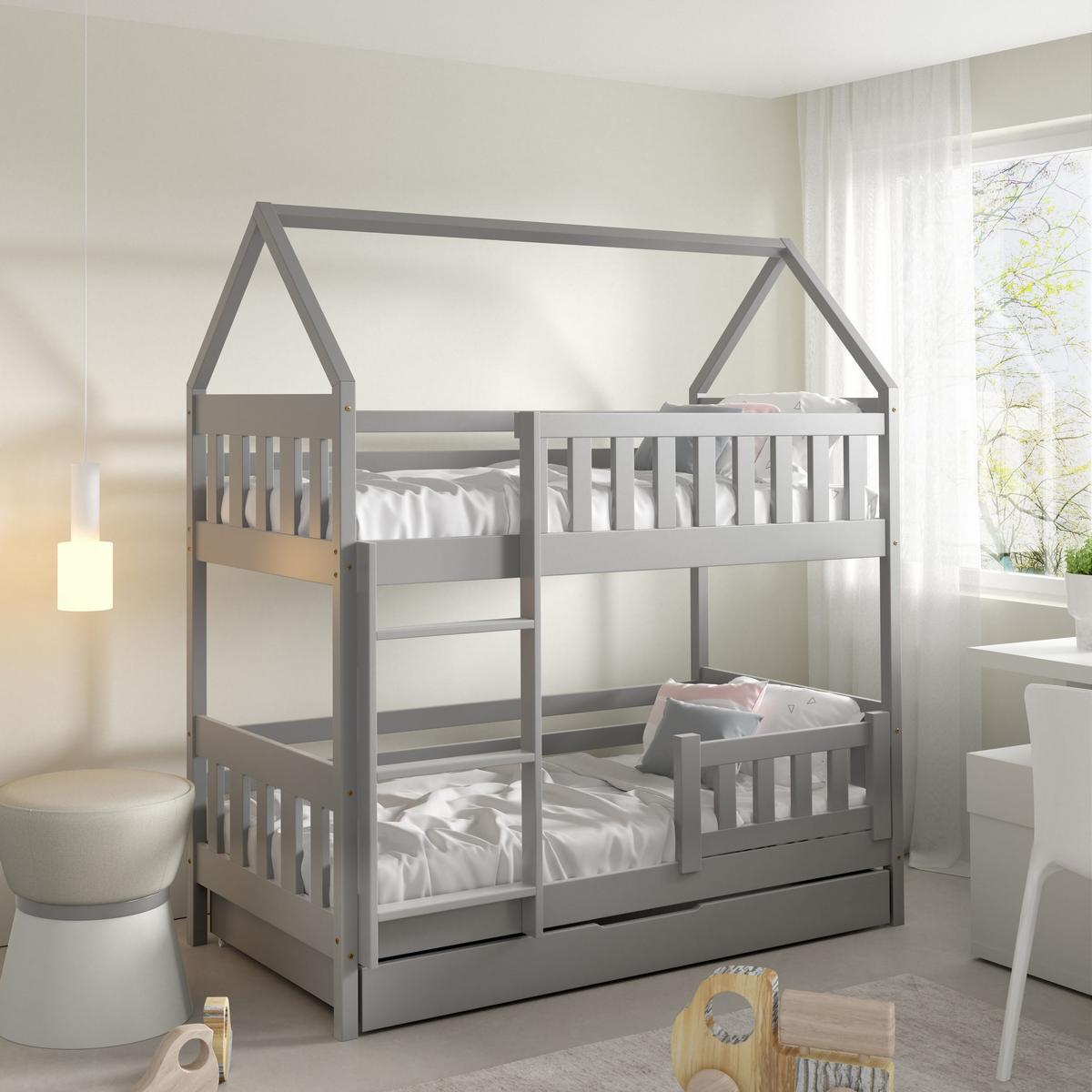 ETAGENBETT ELENA mit Bettkasten 80x190 cm Hellgrau - Hellgrau, Holz (80/190cm) - MASSENO