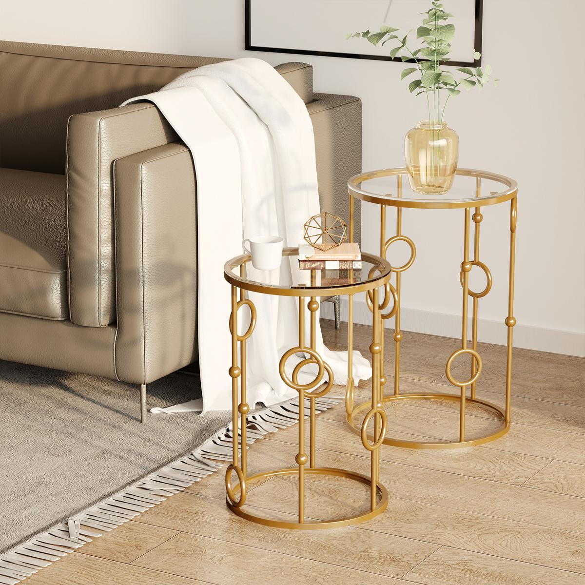 2ER-SET Couchtisch, Beistelltisch mit Glasplatte, Wohnzimmertisch Sofatisch - Goldfarben, Glas (41/41/57cm) - HOMCOM