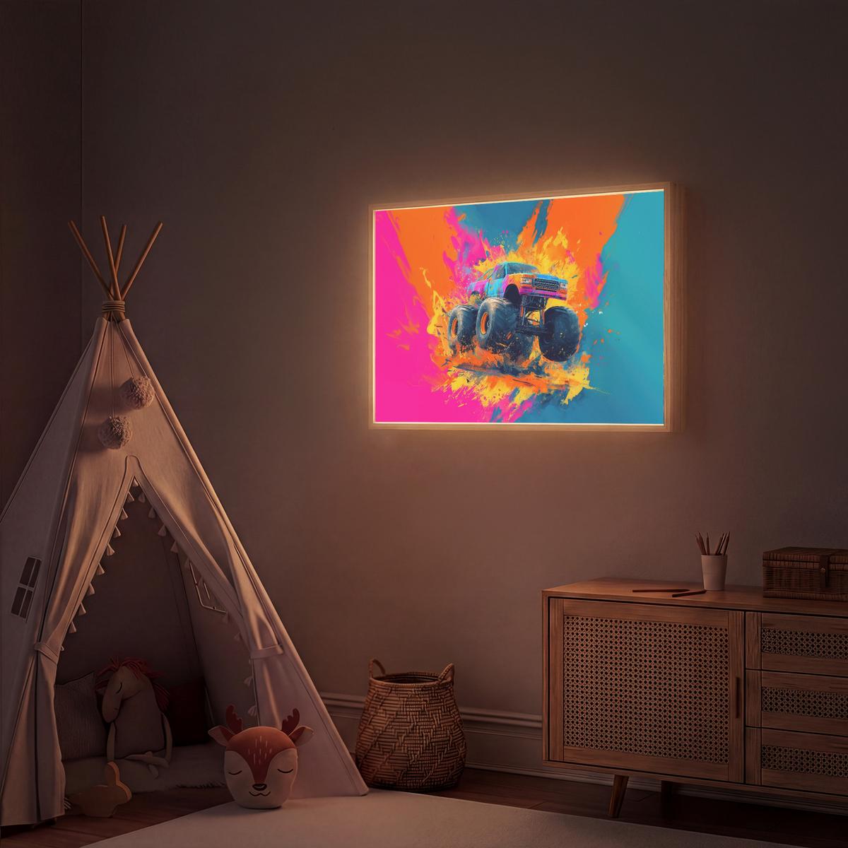 NACHTTISCHLAMPE MIT AKKU Monstertruck - Abstrakt - Farbspritzer - Farbenfroh 100x70 cm - Pink, Holzwerkstoff (8/100/70cm) - OnlyWow