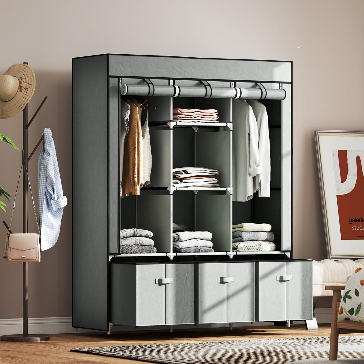 STOFFSCHRANK Stahl Vliesstoff Hellgrau - Hellgrau, Kunststoff (43/162.5/125cm) - HOMCOM