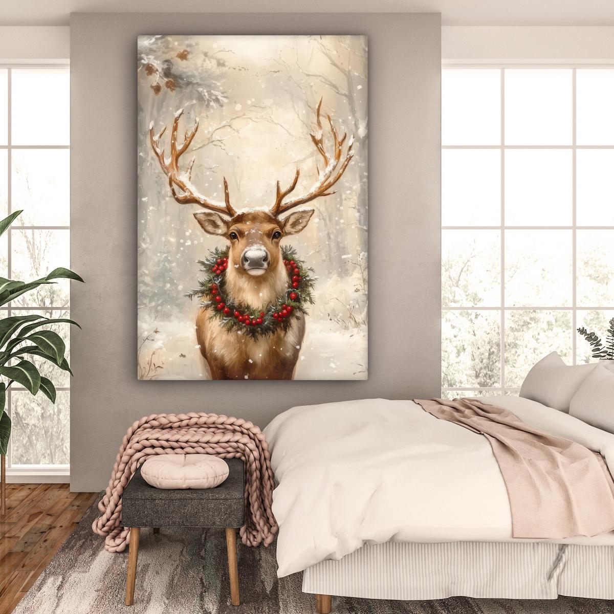LEINWANDBILD Weihnachten - Rentier - Winter - Kranz Deko Groß 90x140 cm - Naturfarben, Textil (90/140cm) - MuchoWow