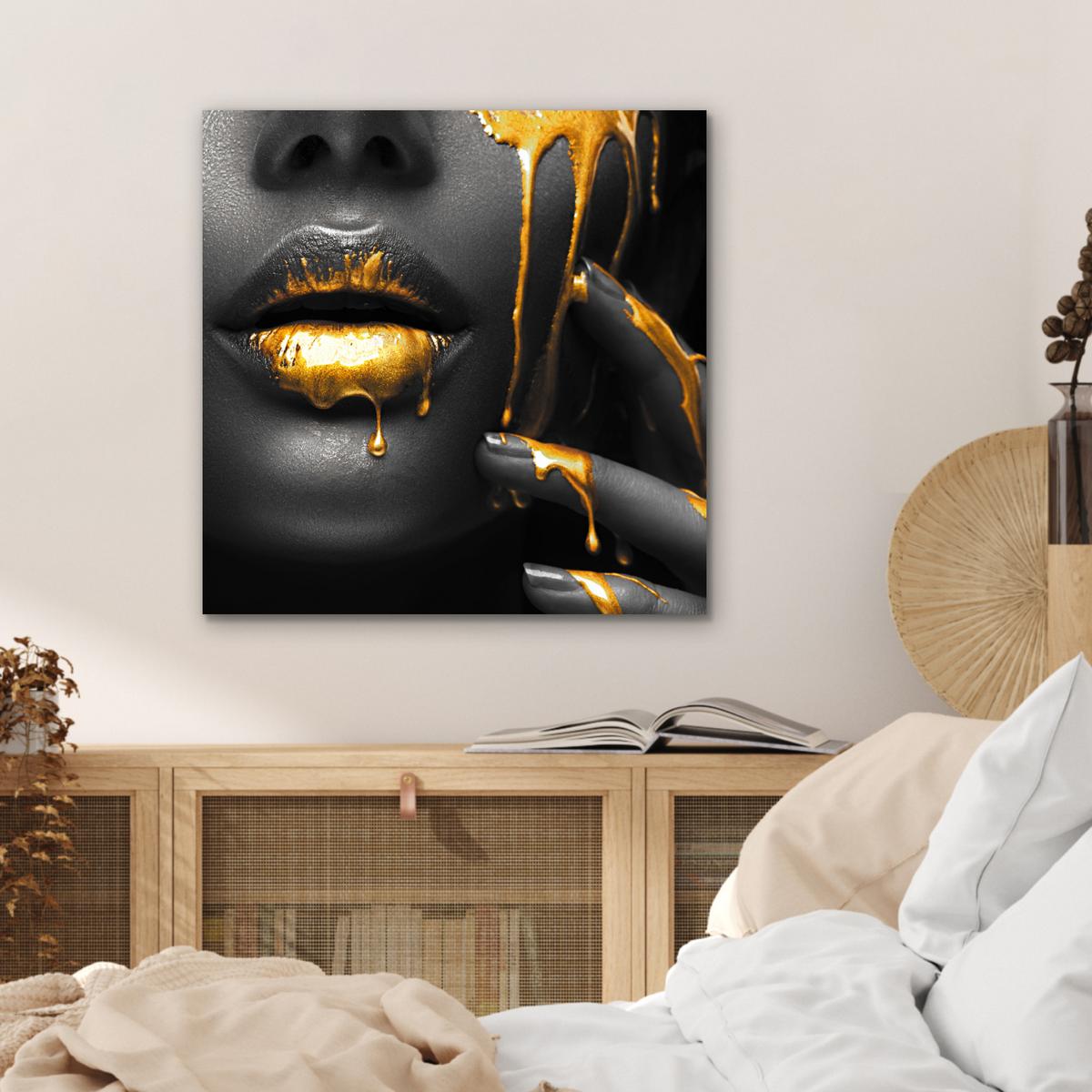 METALLBILD Frau - Schwarz - Gold - Gesicht - Lippen 50x50 cm - Goldfarben, Metall (50/50cm) - MuchoWow