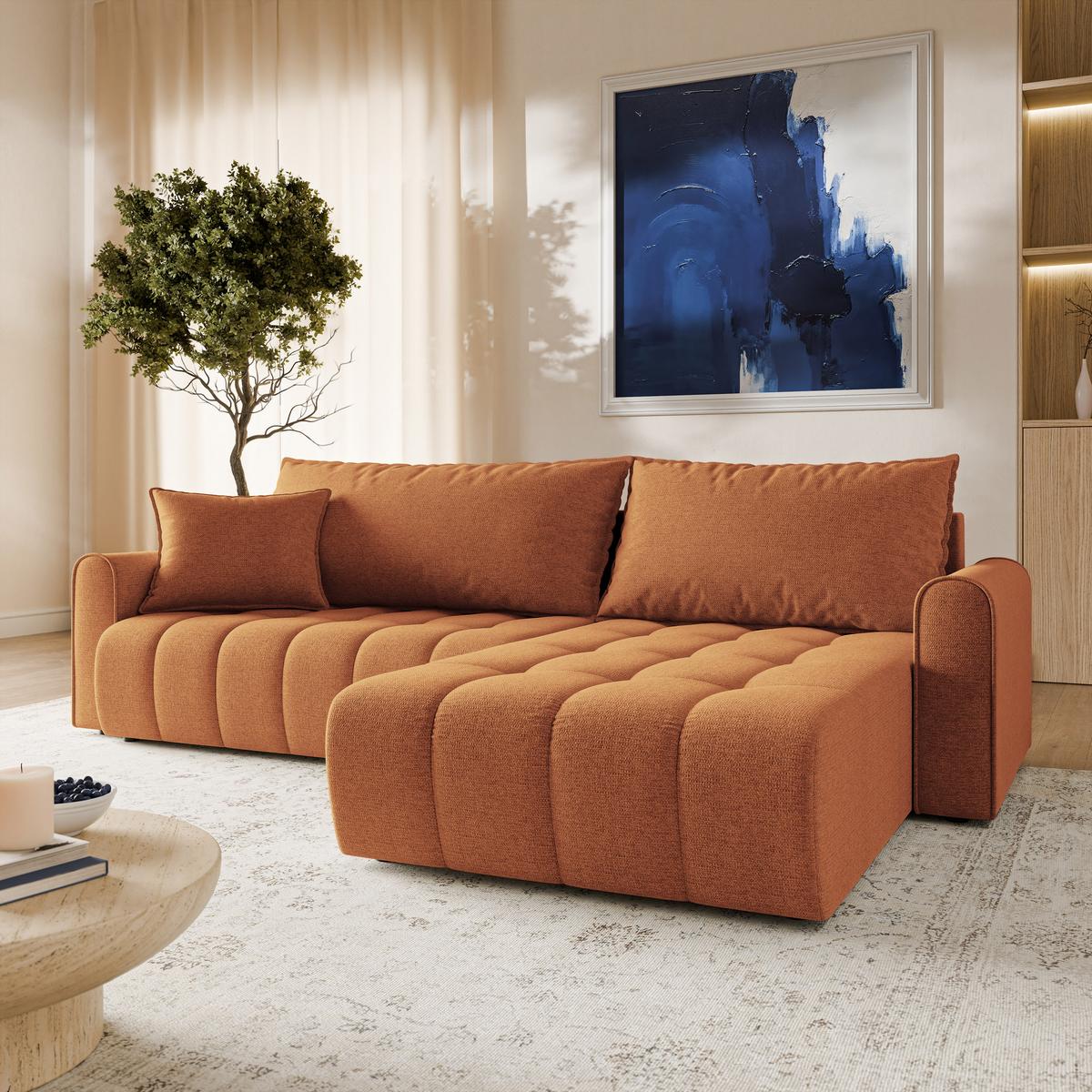ECKSOFA FRIGA Orange Strukturstoff mit Schlaffunktion - Orange, Holz (283/185cm) - MASSENO