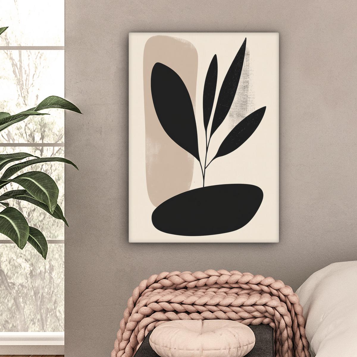 LEINWANDBILD Pflanze - Beige - Japanisch Wandbild Wohnzimmer 60x80 cm - Schwarz, Textil (60/80cm) - MuchoWow