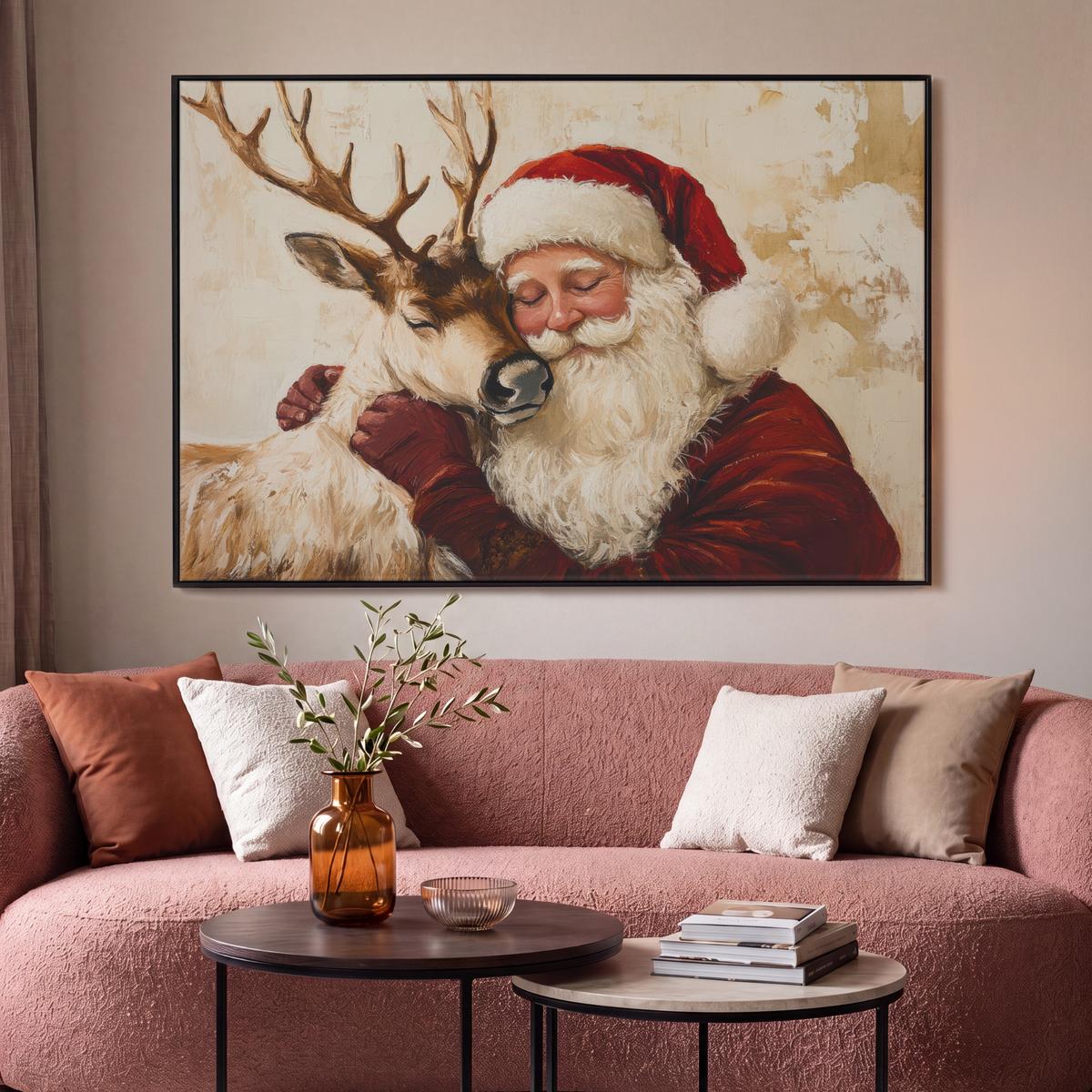 LEINWAND Bilder mit Rahmen - Weihnachtsmann - Rentier - Weihnachten - 150x100 - Rotbraun, Textil (150/100cm) - MuchoWow