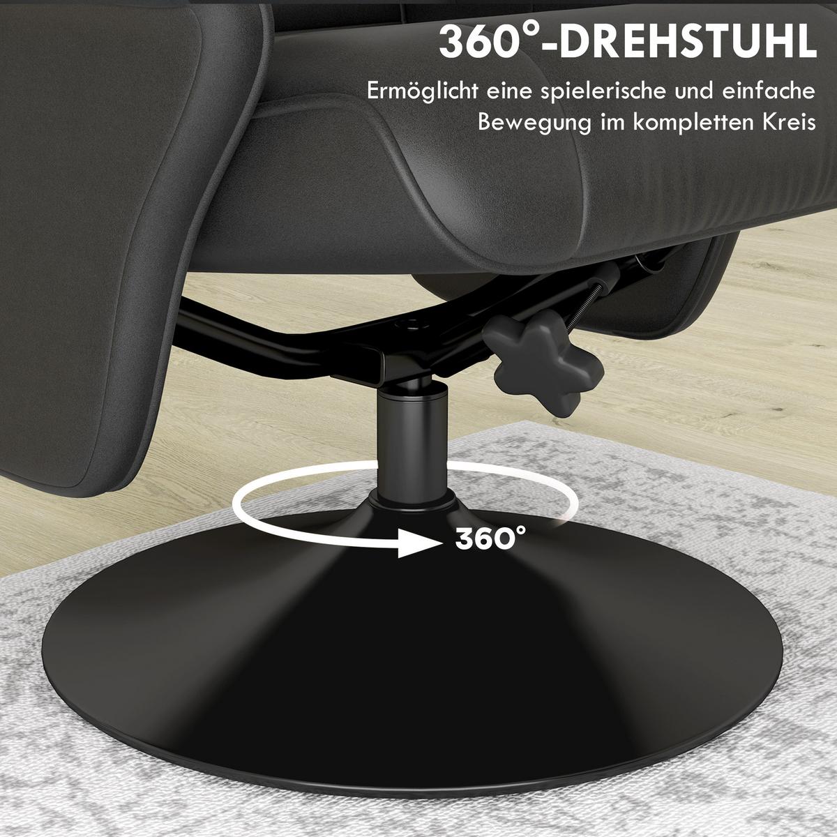 RELAXSESSEL mit Hocker Drehbarer Fernsehsessel mit Liegefunktion Mikrofasertuch - Schwarz, Textil/Metall (71/104/69cm) - HOMCOM