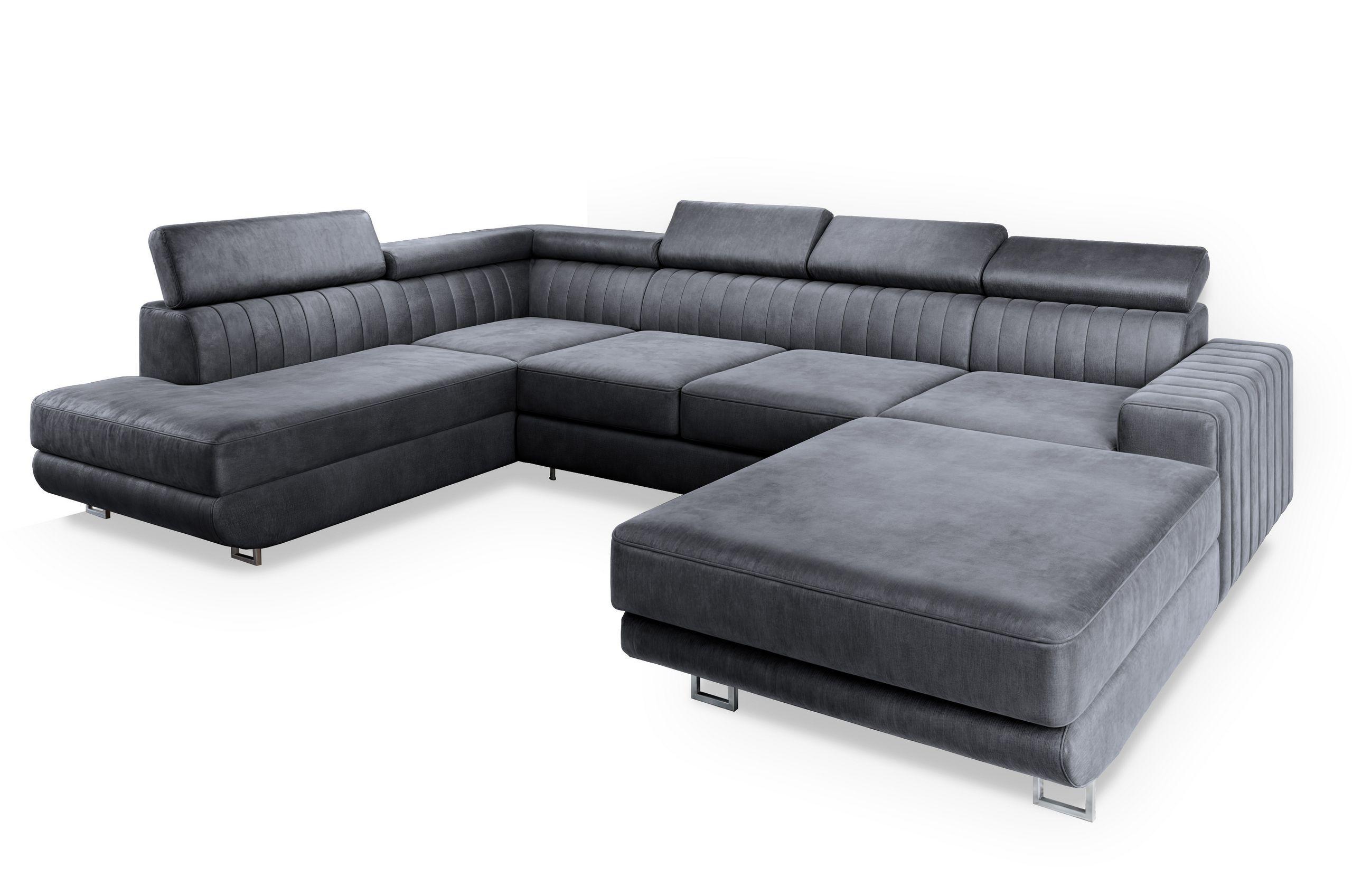 WOHNLANDSCHAFT SIENA L-S Grau Velours-Stoff mit Schlaffunktion - Silberfarben/Grau, Holz/Textil (335/89/190cm) - MASSENO
