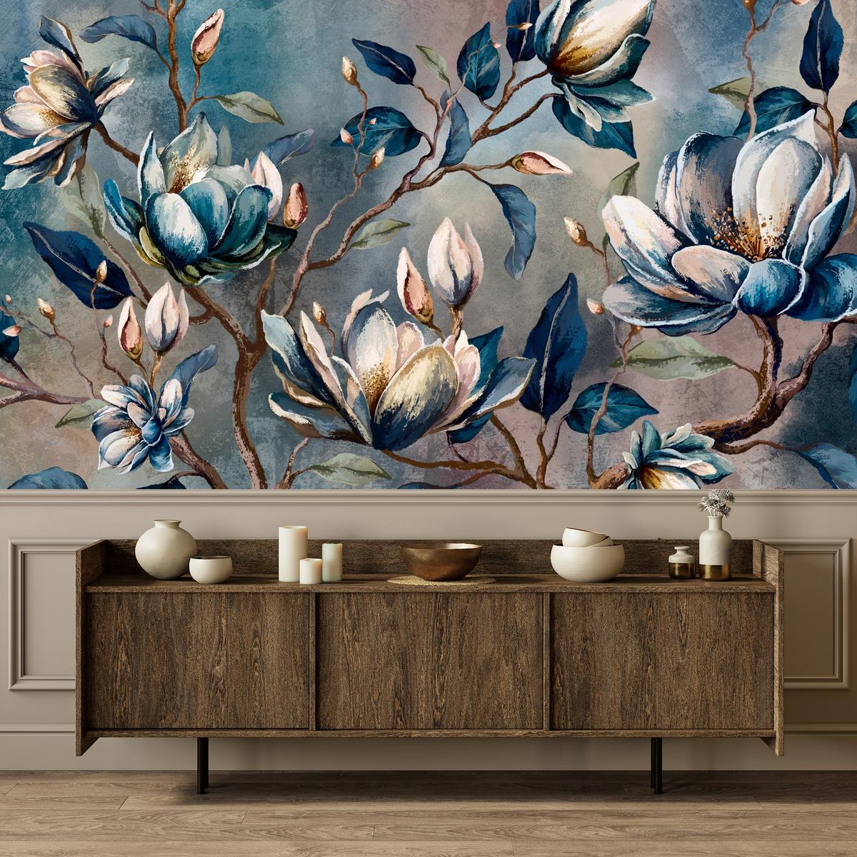 FOTOTAPETE für Wohnzimmer Wunderschöne Magnolien Blätter Zweige Blumen 350x256 - Multicolor, Papier (350/256cm) - Muralo