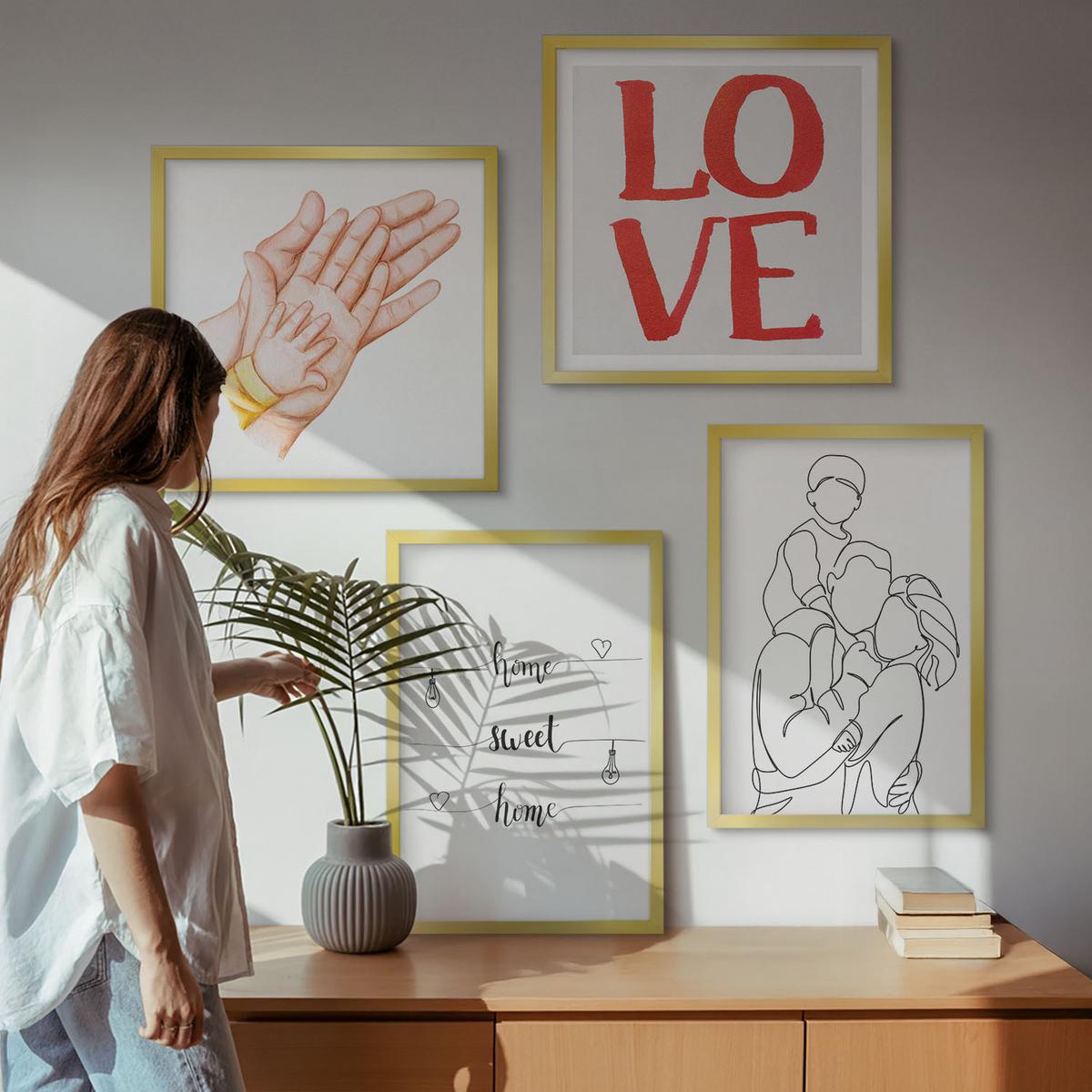 BILDER SET 4er Set - 50x50 cm & 40x60 cm Goldrahmen - Familienillustrationen Hausschilder - Goldfarben, Kunststoff (50/50cm) - TULUP