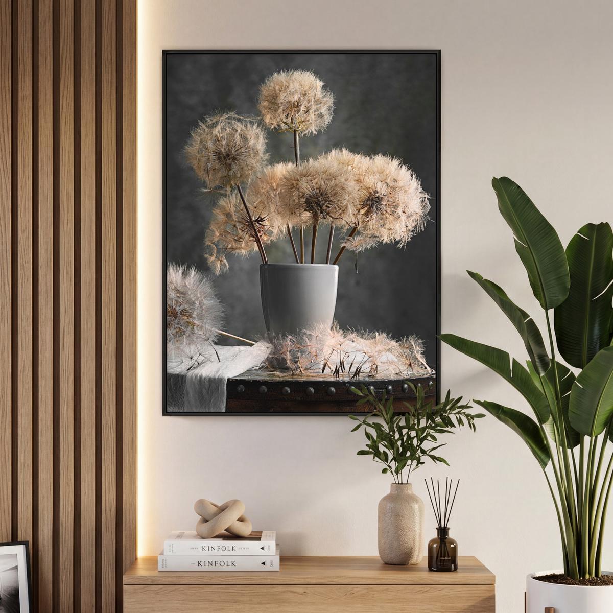 LEINWAND Bilder mit Rahmen - Blumensamen - Löwenzahn - Vase - Stilleben - Blumenstrauß - 70x100 - Dunkelgrau, Textil (70/100cm) - MuchoWow